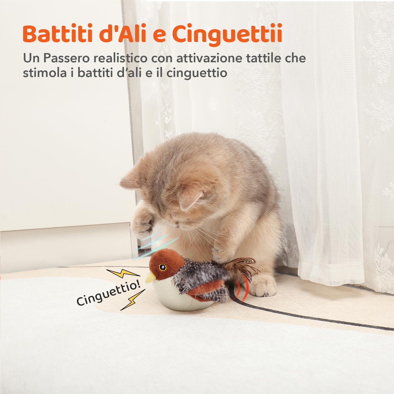 Potaroma Giochi per Gatti– Giocattolo Interattivo per Gatto a Forma di Uccello Passero, Ali Battenti, Suoni Realistici, Catnip, Ricaricabile, Attivazione Touch, per Tutte le Razze, 10 cm
