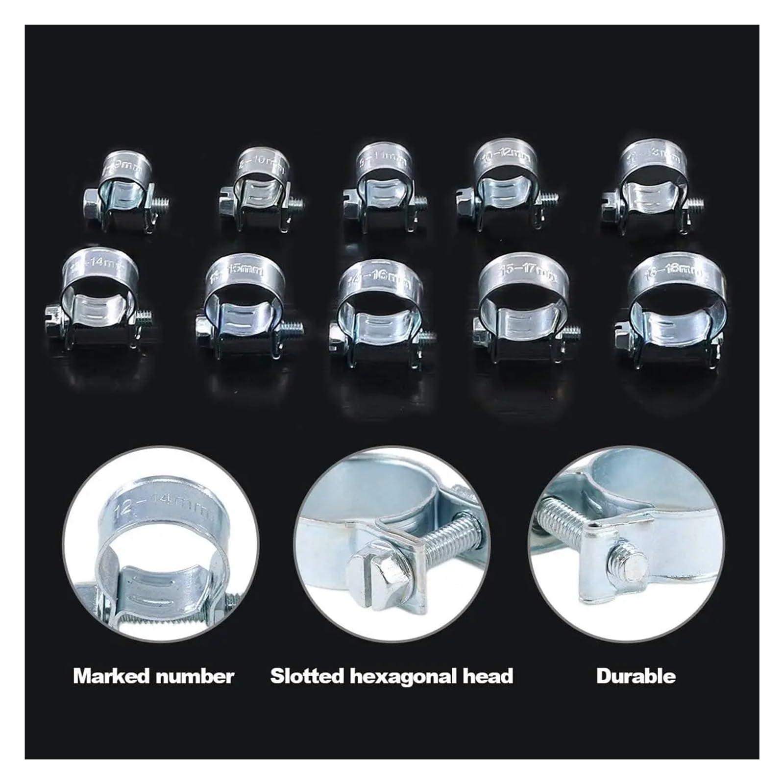 Kit surtido de 120 abrazaderas de manguera de acero al carbono galvanizado de 7 mm a 18 mm (10 tamaños) for tubería de gasolina.