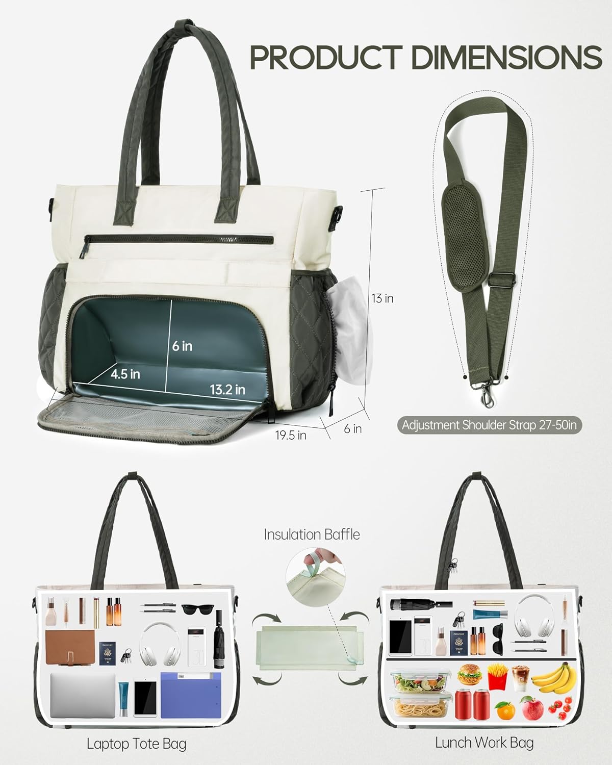 Lunch Tote Bag for Women, 15.6" Laptop Tote Bag with Insulated Lunch Compartment, for Office Work Teacher Picnic Nurse (Avocado Green) - Image 3