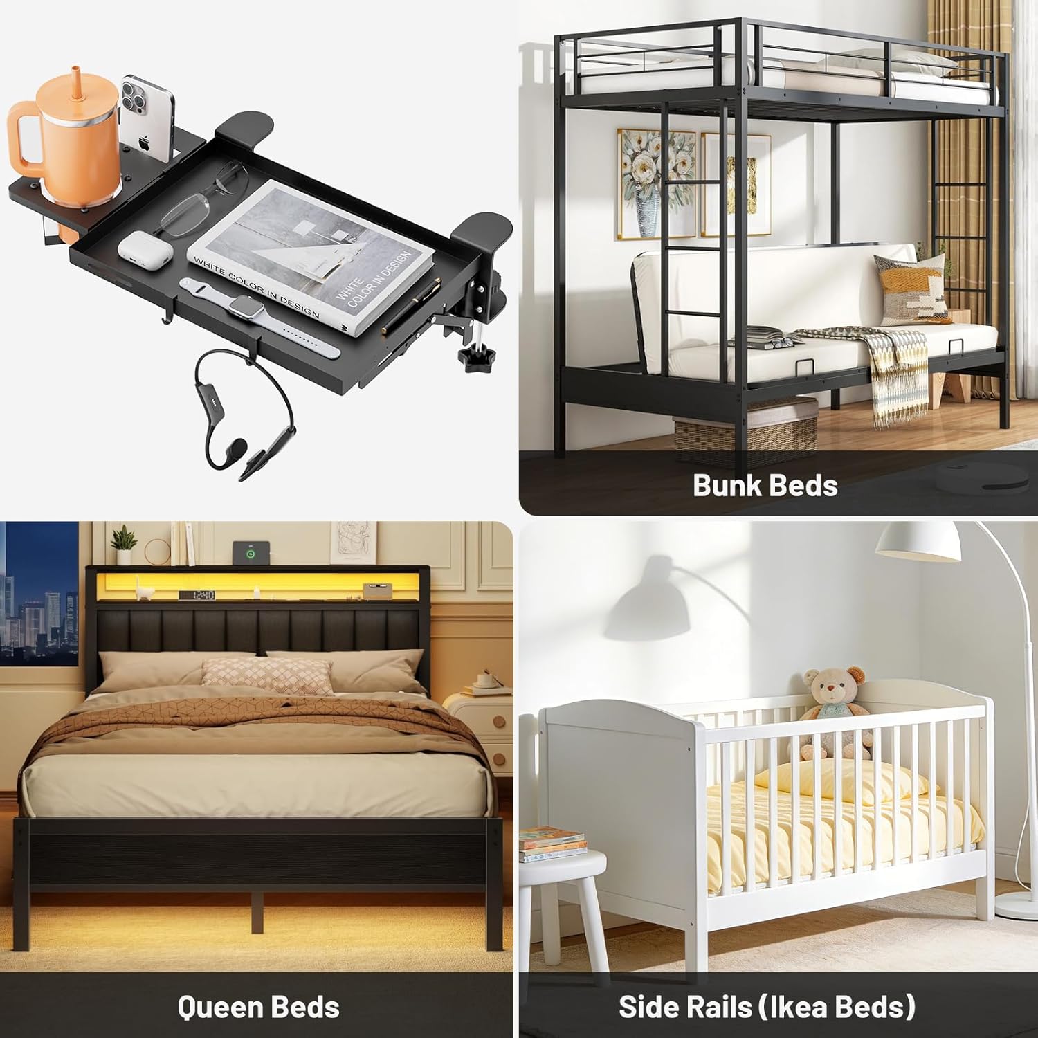 Bedside Shelf Foldable, Metal Clip-On Table Shelf for Dorm Room Bunk Bed & Top Bunk, College Dorm Room Essentials, Bedside Caddy, Floating Desk Tray, Bed Side Table Storage, Loft Nightstand Decor