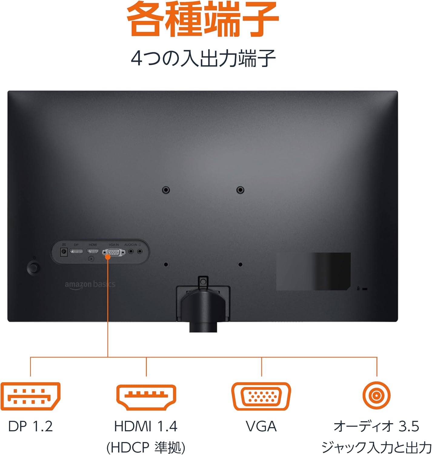 Ẹyìn view of Amazon Basics monitor showing DP 1.2, HDMI 1.4, VGA, and Audio 3.5mm ports
