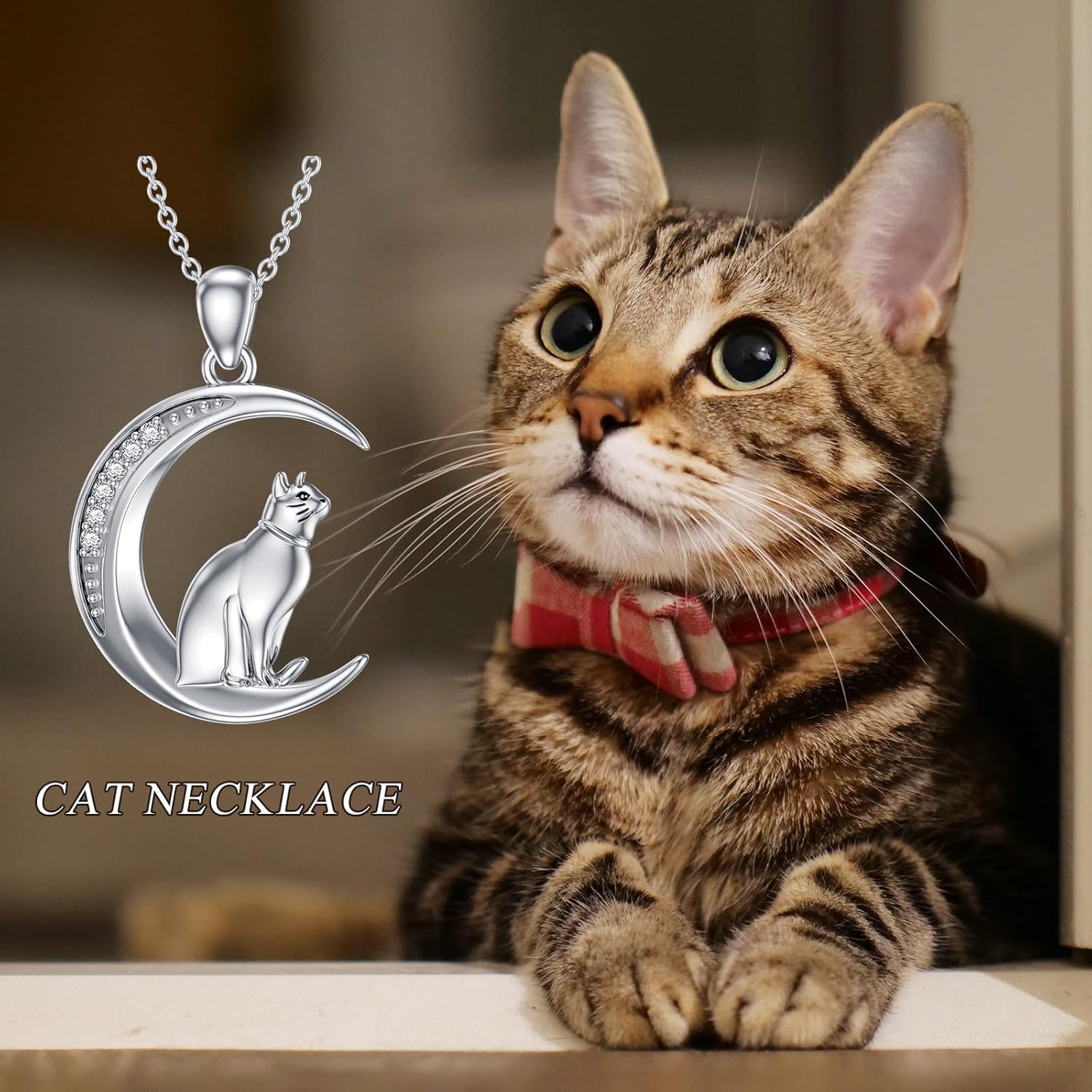 Diamond Cat Necklace for Women 925 Sterling Silver Cat Moon Necklace with Lab Grown Diamond Jewelry Gifts for Birthday - Image 3