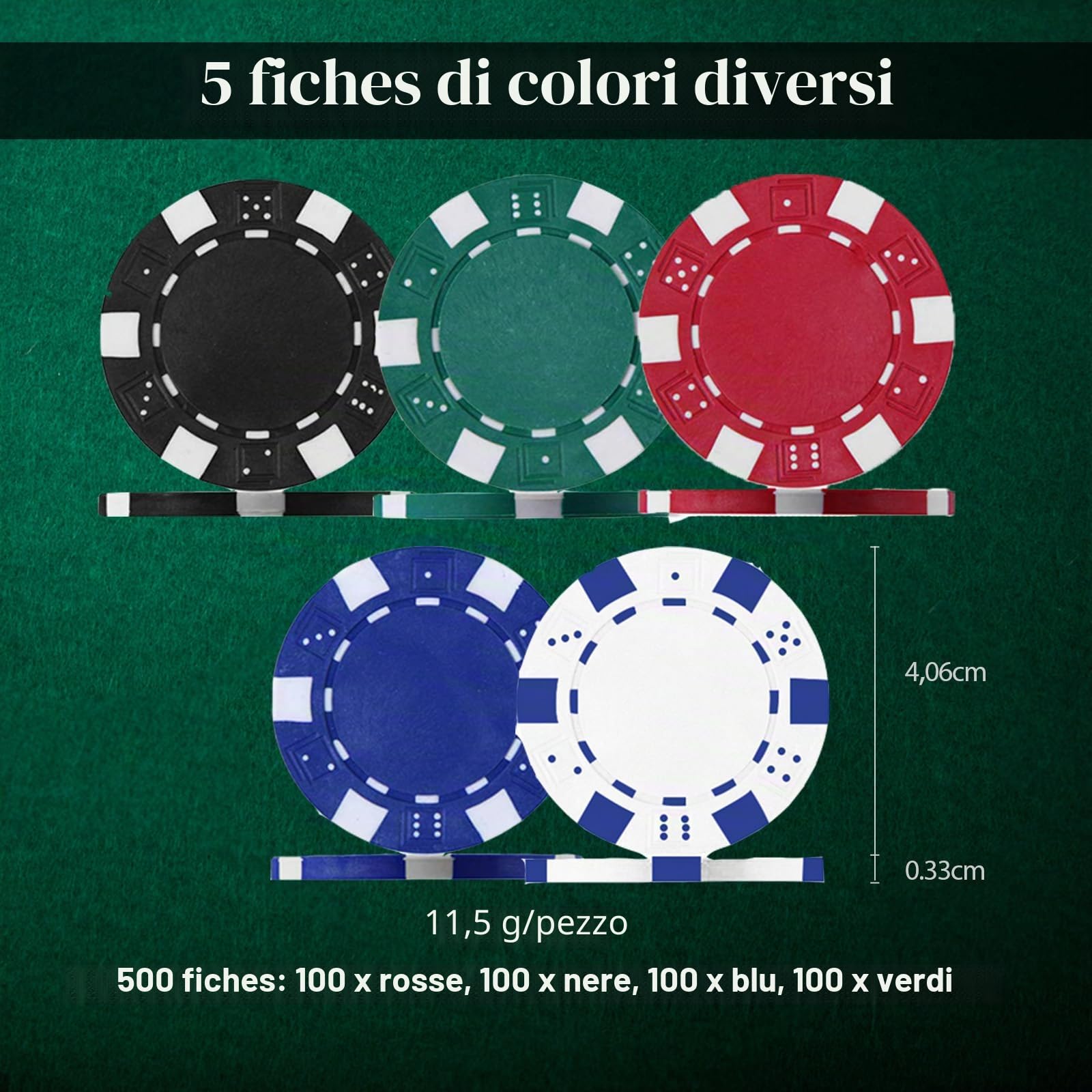 HOMASIS Set da poker con 500 chip, valigetta da poker con 2 mazzi di carte, 5 cubetti, tappetino da casinò, 3 button, custodia da poker professionale in alluminio, set completo di carte da poker per
