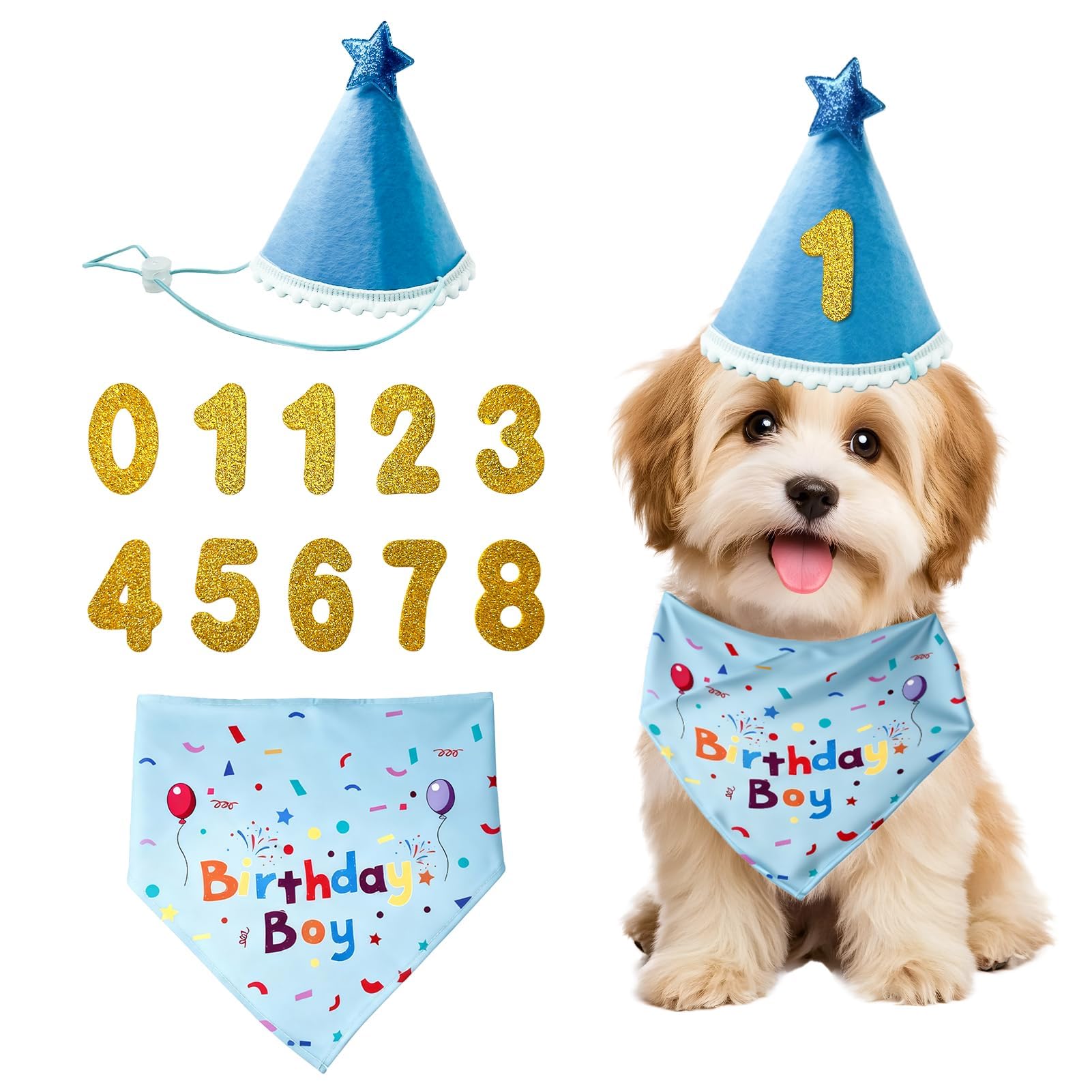 Dog Birthday Hat Bandana Set, Dog Birthday Party Supplies Dogs Clothing Accessories Adjustable Birthday Hat and Glitter Numbers Reusable Scarf Cap Present for Pet Cat Dog Party Decor (Blue)