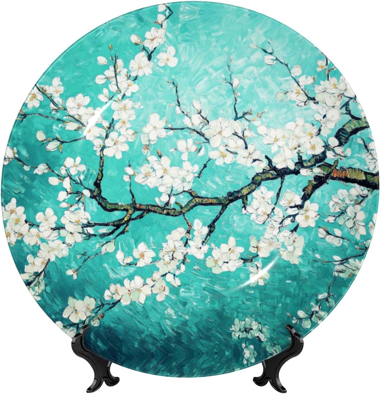 Turquoise Almond Blossoms Ceramic Plate with Display Stand,10 in,Vintage Floral Decorative Plates Plant Wall Hanging Ceramic Craft for Kitchen Dining Room Home Decor