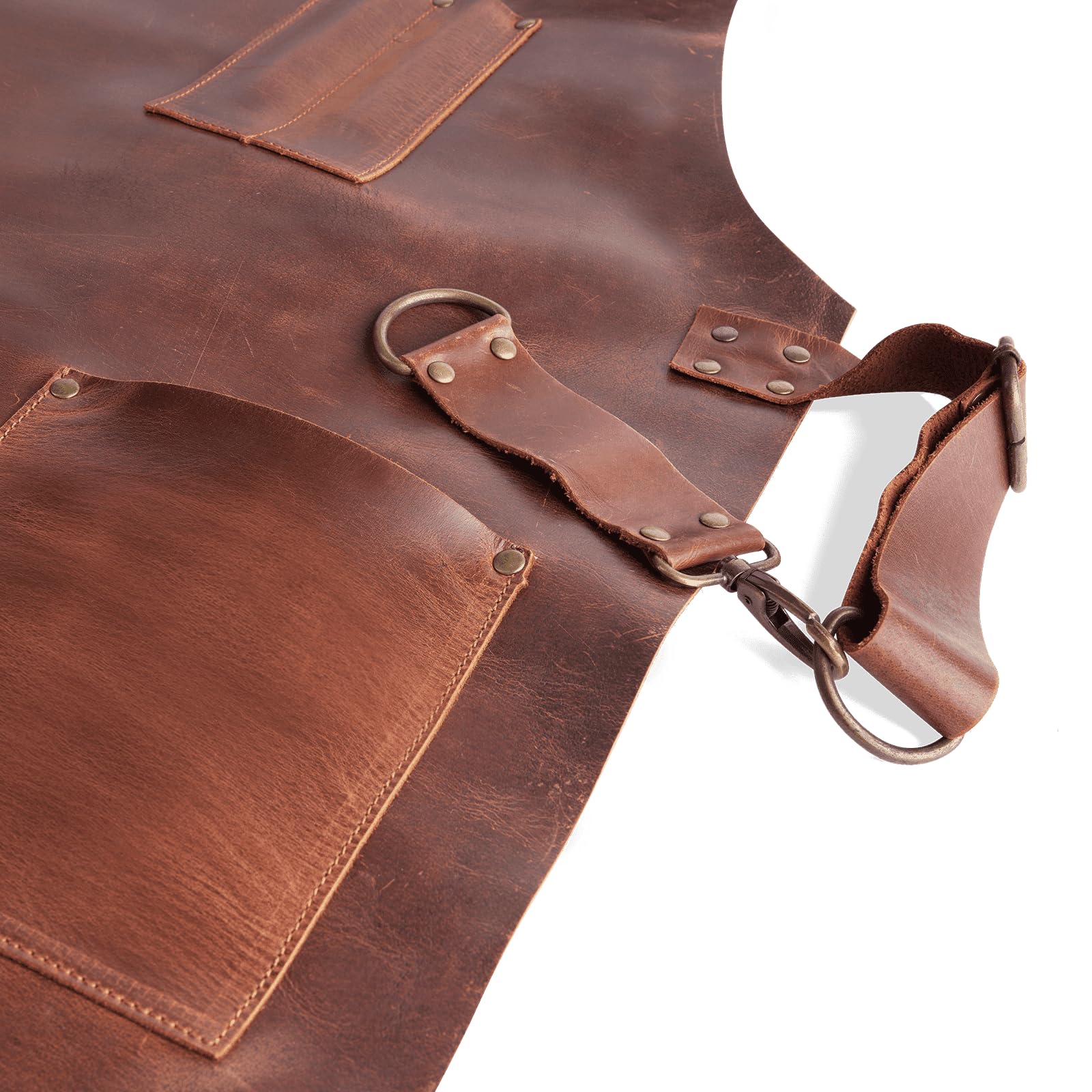 BURNHARD Delantal de cuero 100% piel de búfalo, hecho a mano, 2 bolsillos, correas laterales, acolchado de cuello, correa ajustable – Delantal Pro BBQ