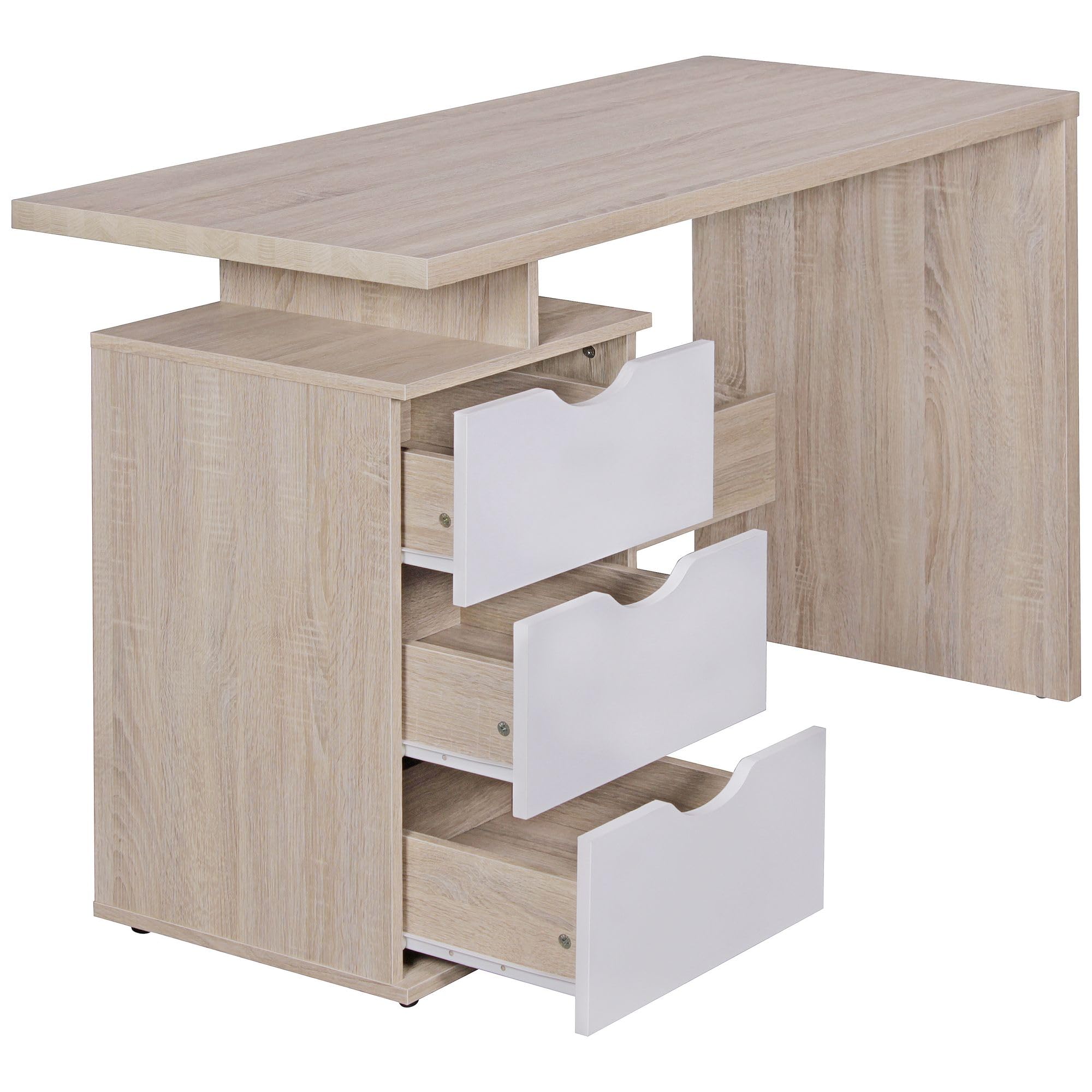 FineBuy Bureau MASSA 120x53x76 cm Sonoma Blanc, 3 Tiroirs | table d'ordinateur pour ados, table pour ordinateur portable gain de place poignées encastrées