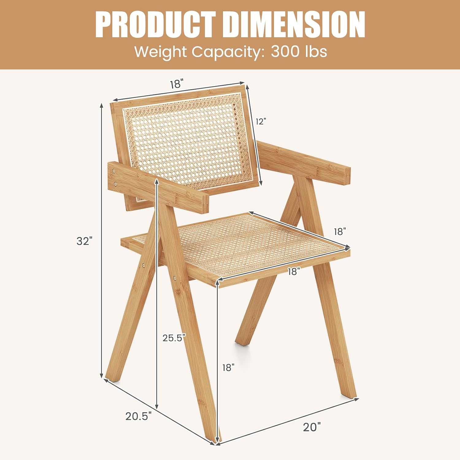 Rattan Dining Chairs Set of 2, Comfy Living Room Chairs, Accent Kitchen Chairs with Woven Backrest & Seat, Mid Century Modern Armchair, Retro Woven Chair for Reading Room Balcony (2)