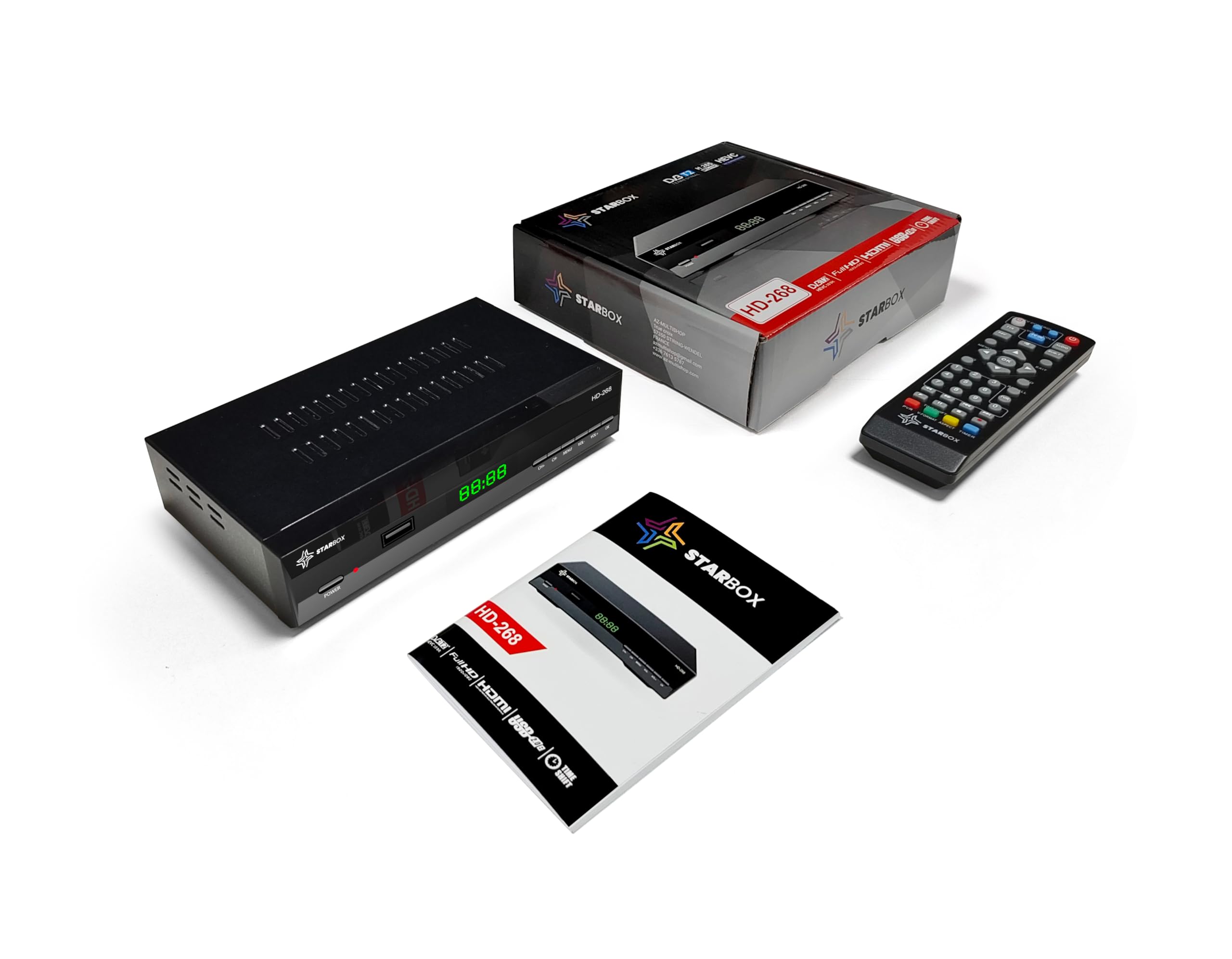 Décodeur TNT HD STAR BOX HD-268 DVB-T2 DVB-C Réception de qualité, chaînes gratuites H.265,Full HD 1080p Terrestre USB, HDMI, péritel, télécommande Universelle 2 en 1