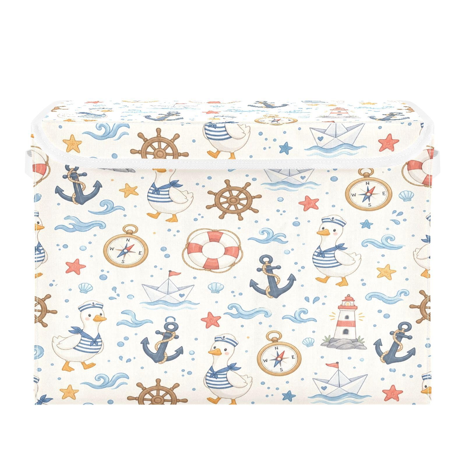 Ewusp Anchors Fabric Storage Bin with Lid, Decorative Foldable Storage Basket with Handles, Stackable Closet Shelf Organiser Box for Clothes, Books, Bedroom, Living Room