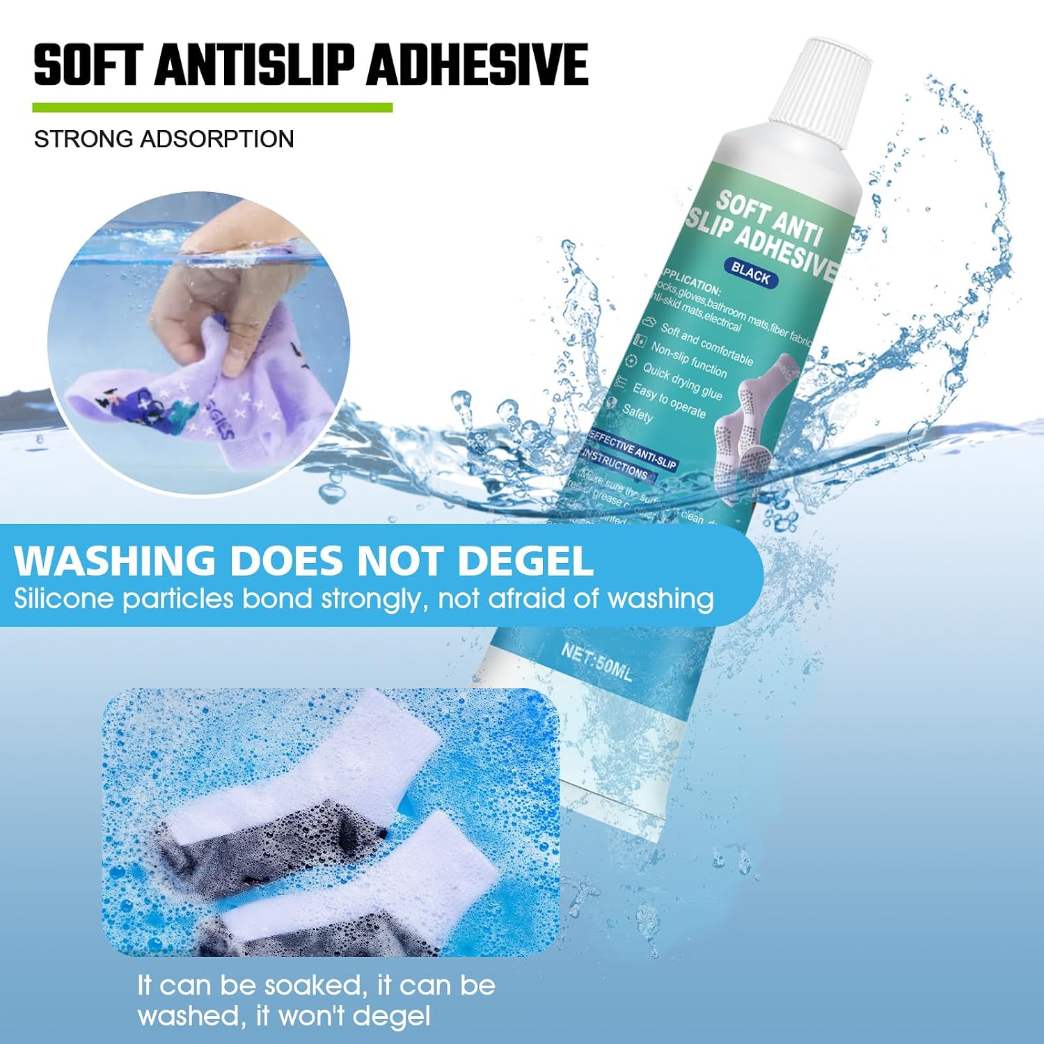 Ganbaro® Sock Stop Non Slip Adhesive,Fabric Paint for Anti-Slip Socks,Bathroom Mats,Appliance Anti-Slip Quick-Drying Soft Adhesive 50ml*2PC, black,translucent