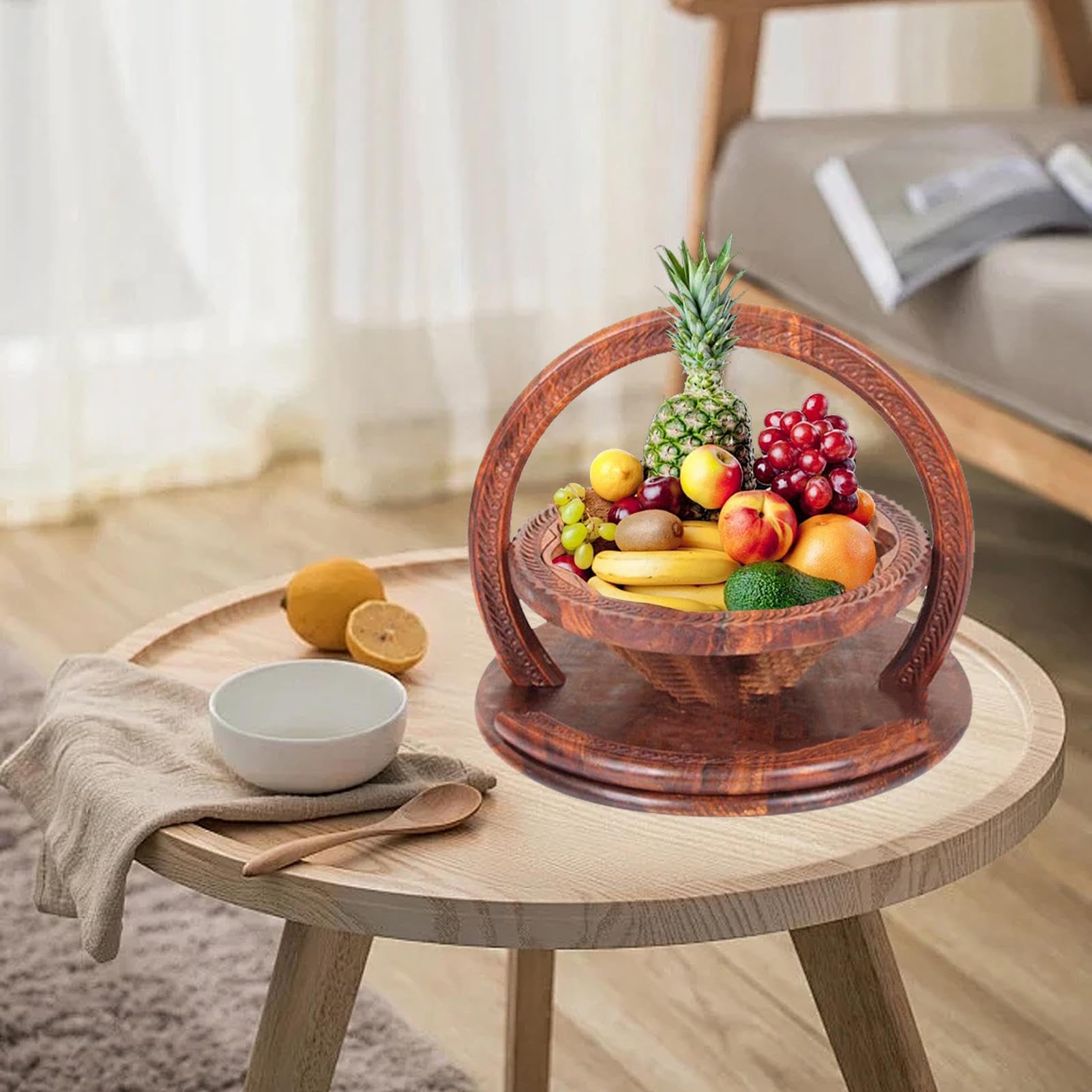 Paniers pliants pour noix de, panier pliable pour fruits secs | Panier à fruits pliable à 4 compartiments pour table de cuisine - à partir de fruits sculptés en bois faits à la main pour