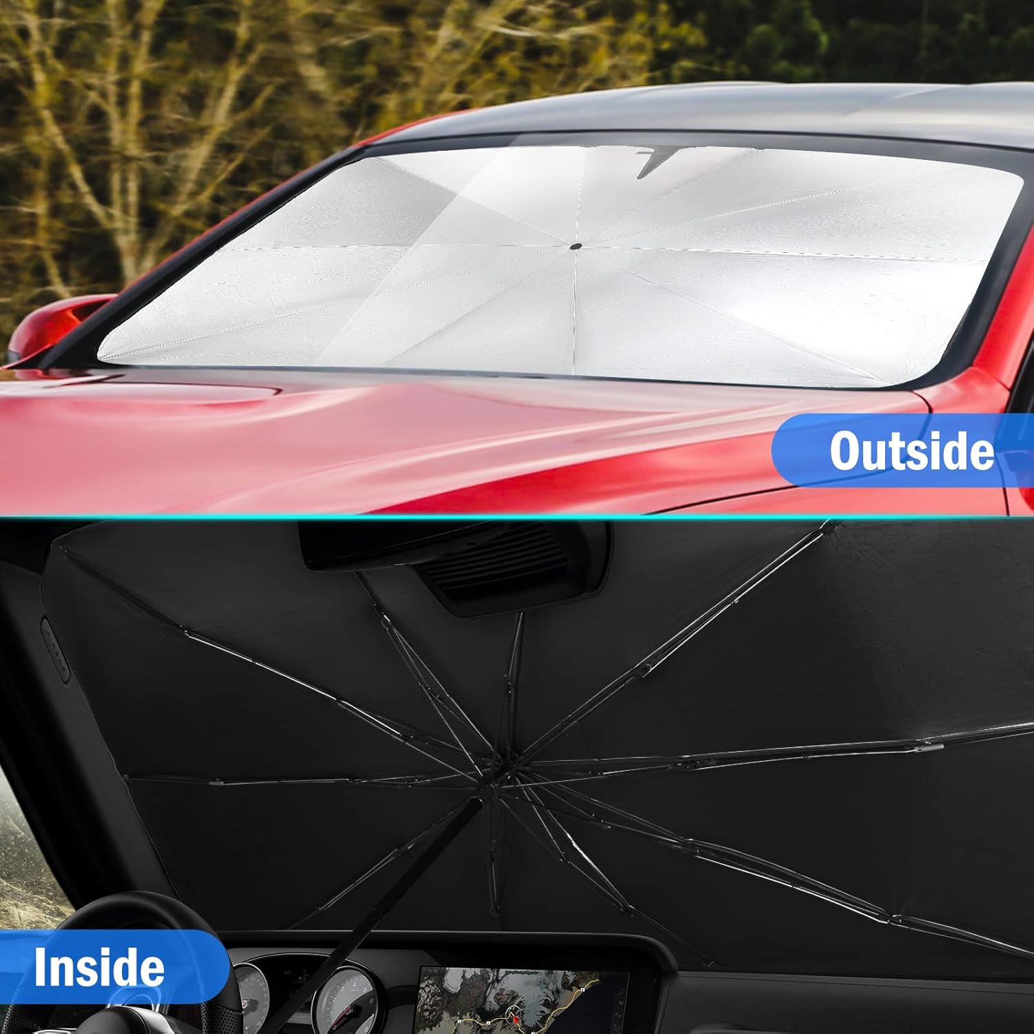 Matekxy Car Windshield Sun Shade Umbrella, Foldable Automotive Umbrella, Sunshade Cover Car Front Window Block UV Rays Heat Insulation Protection 57 x 31 Sunshade for Cars, SUV, Trucks : Automotive