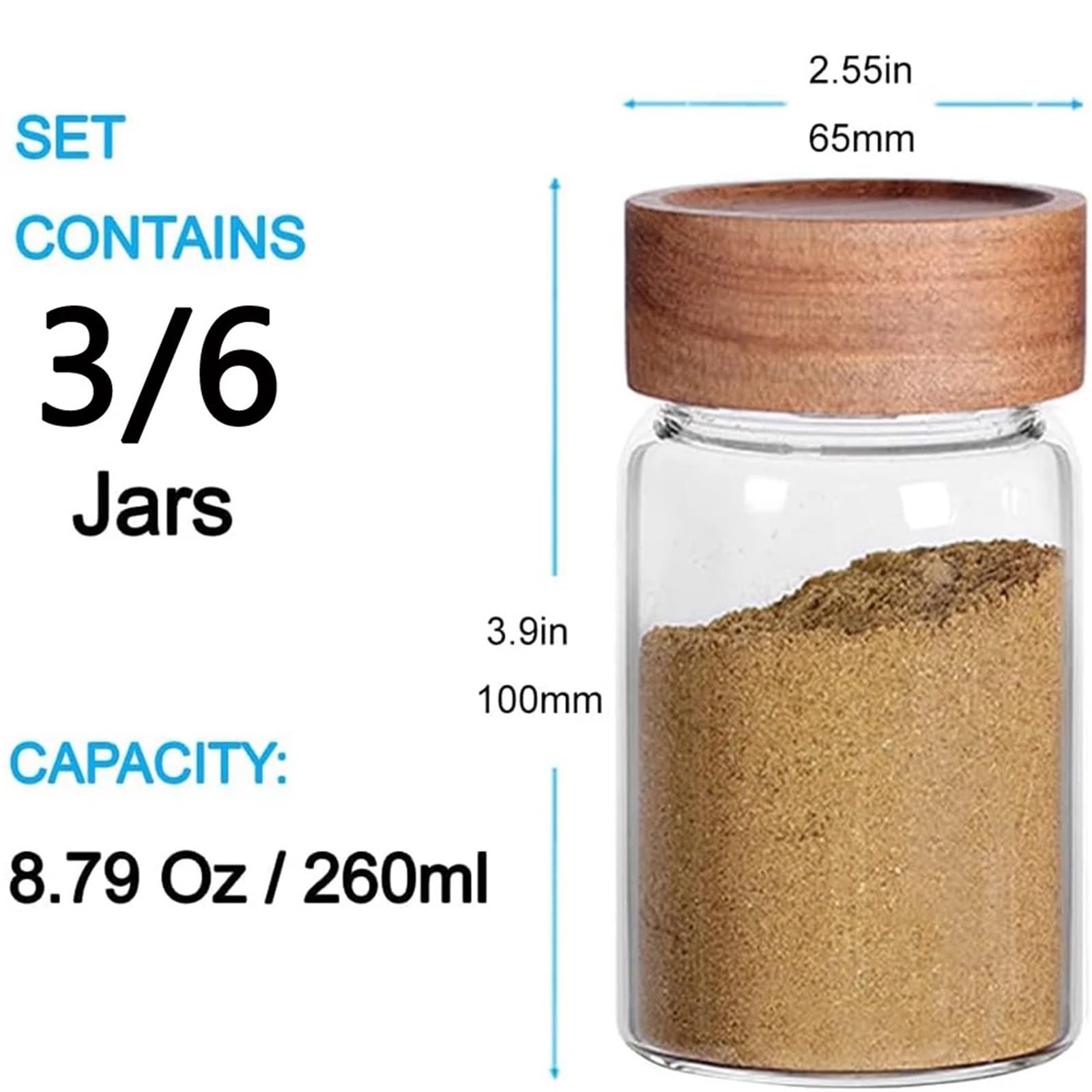 VorratsgläSer Glas mit luftdichtem Verschluss und Holzdeckel, Gewürzbehälter for Lebensmittel(6Pcs)