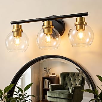 3-Light Black and Gold Bathroom Vanity Light Fixture with Glass Shades, Industrial Wall Sconce
