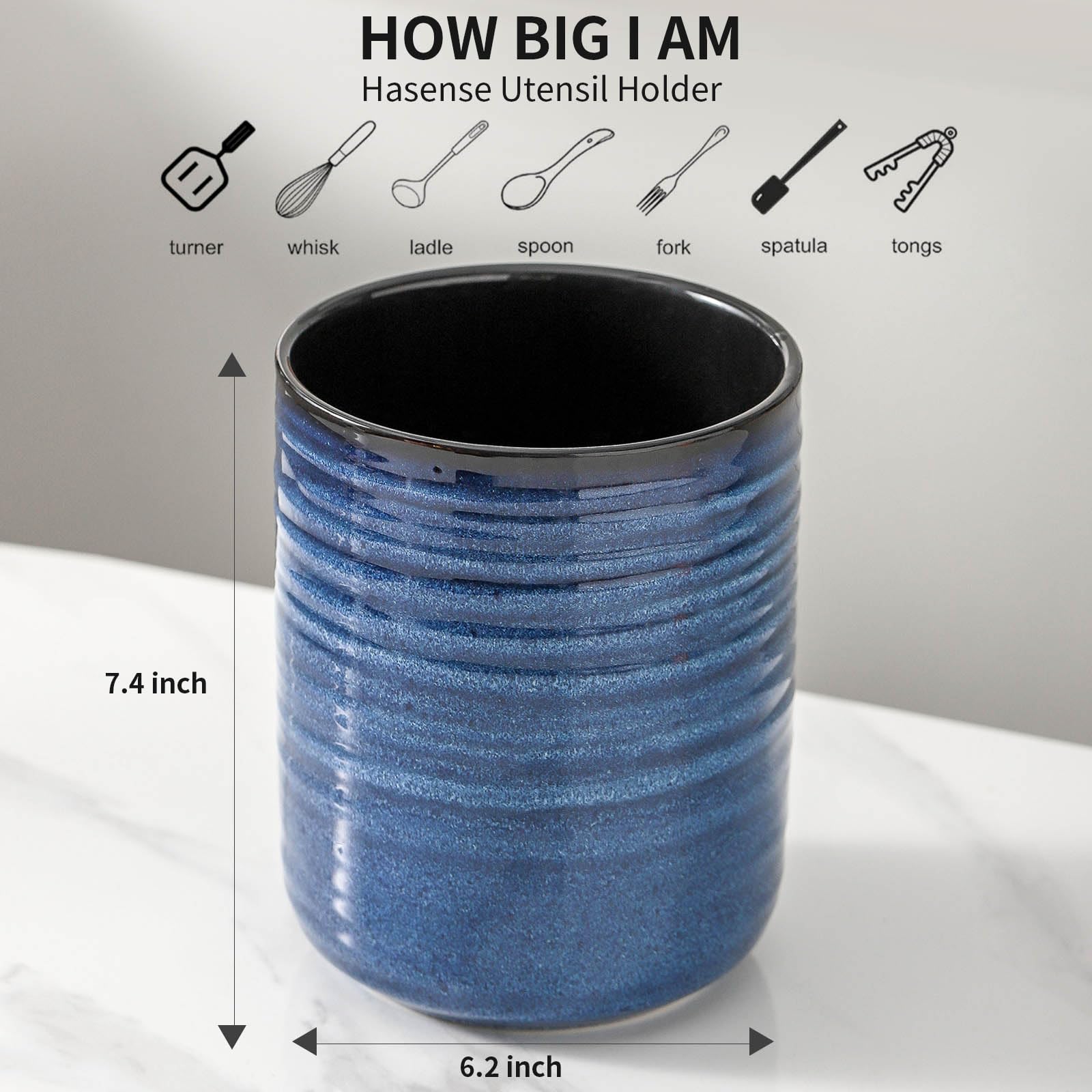 HASENSE Großer Keramik-Utensilienhalter, 18,8 cm, Küchenutensilien-Topf für Arbeitsplatte, moderner Bauernhaus-Utensilien-Organizer für Kochutensilien-Set, blaue Küchendekoration