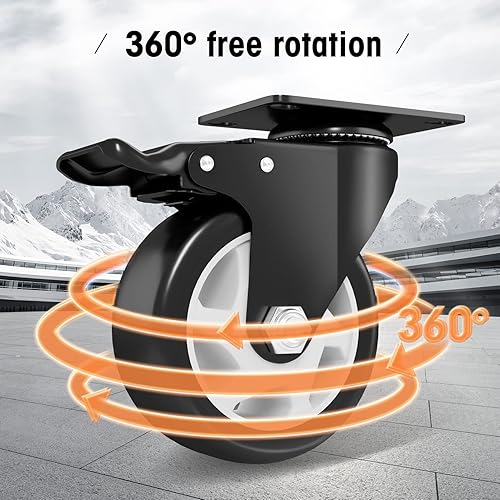 Miniatura 3 de Ruedas giratorias de 4 pulgadas, juego de 8 ruedas resistentes de poliuretano ASRINIEY negro, ruedas giratorias de placa superior, 8 ruedas