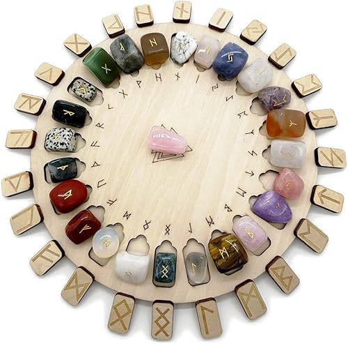Miniatura 5 de Juego de piedras de runas, disco de madera con inscripción de vida eterna y runa de cristal de colores mixtos para meditación y curación de