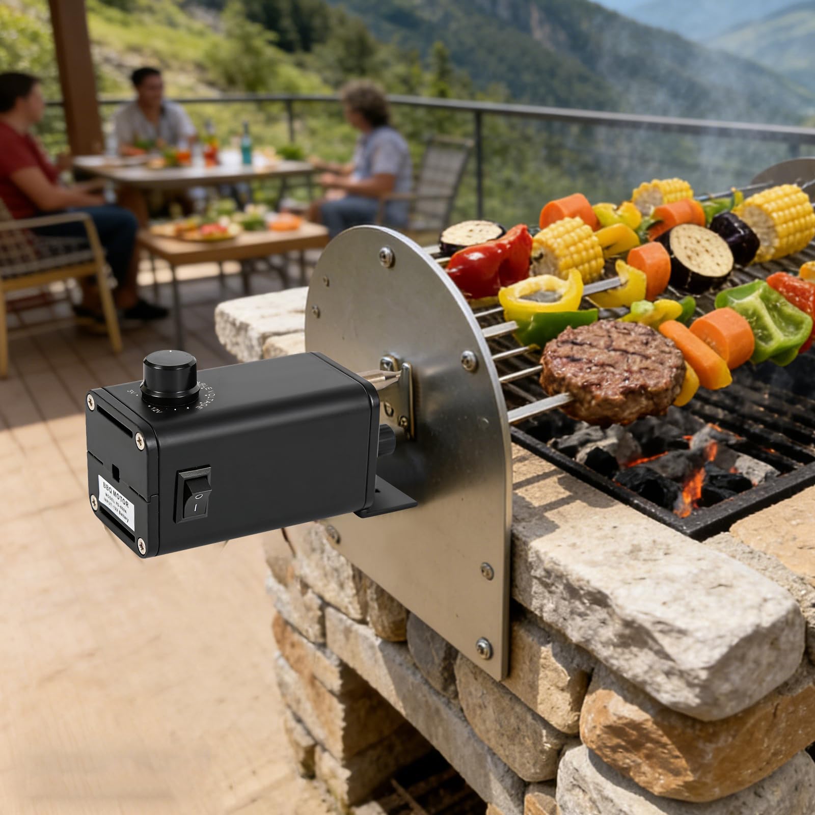 Elektrischer Rotisserie Motor 15W, Grillmotor mit Einstellbarer Geschwindigkeit 13–56 U/min, Drehspieß Motor 3–12V aus Aluminium, BBQ Motor mit Adapter & Autobatteriekabel für Grillspieß, Camping