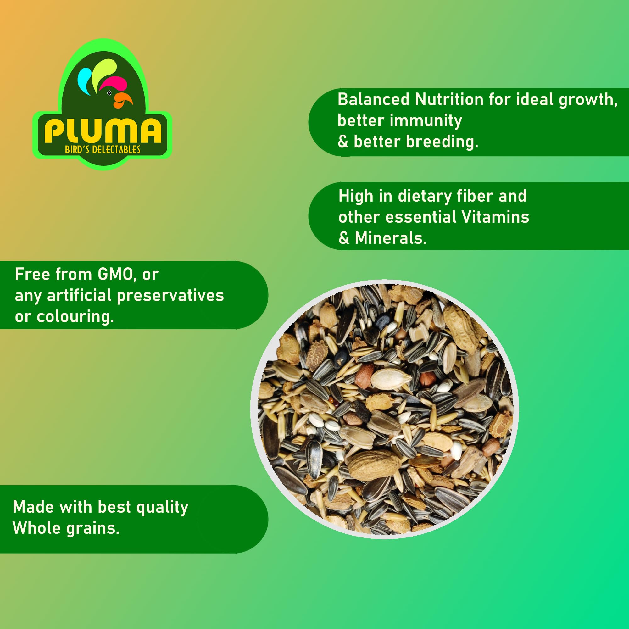 PLUMA BIRD'S DELECTABLES Food for Parrots, Parakeets, Macaw, Conure, African Grey, Lorikeet - 450g Pouch | Premium Seed and Millet Mix | Daily Feed for Adult & Self Feeding Birds 1