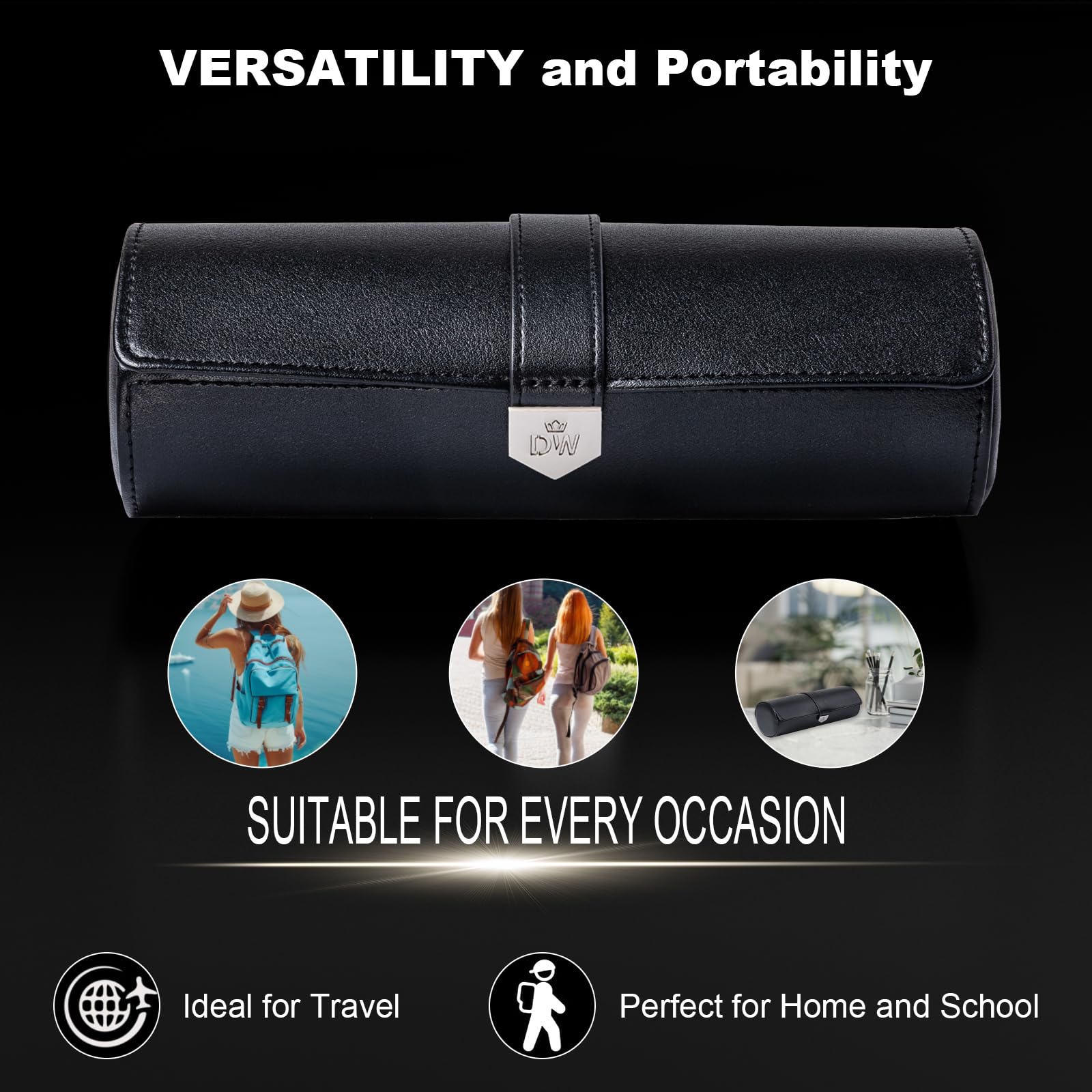DUKWIN Custodia da viaggio per orologi da viaggio, con 3 scomparti, in pelle vegana, per uomini e donne, protettiva, portatile, da riporre in viaggio (nero, 3 scomparti)
