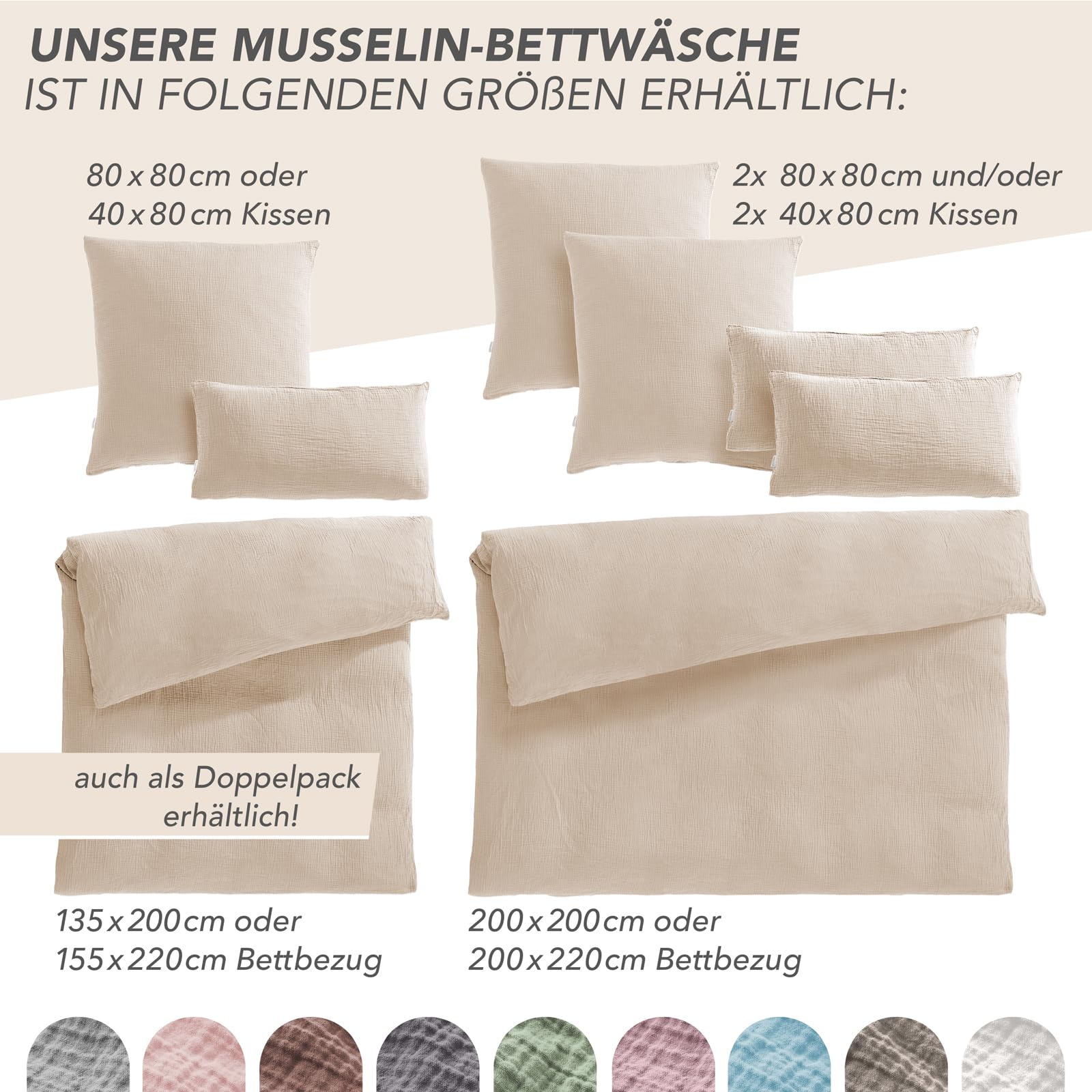 Pure Label Musselin Bettwäsche 135x200 4 teilig bestehend aus Bettbezug 135 x 200 cm 2er Set + Kissenbezug 80x80 cm 2er Set aus Baumwolle - Traumhaft kuschelige Bettwäsche-Sets in beige