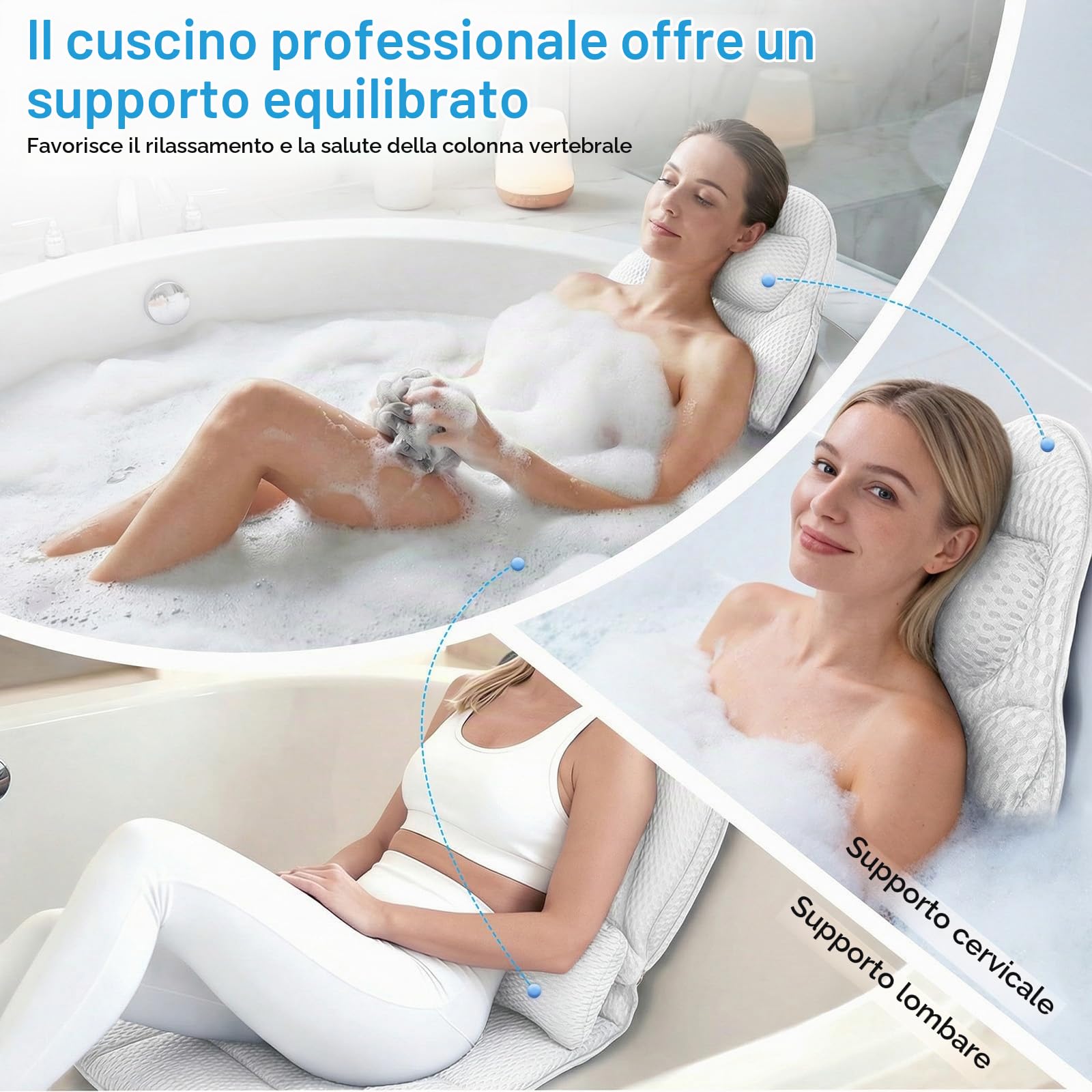 Set completo per vasca da bagno con cuscino lombare, 142 x 48 cm, morbido divano da bagno in rete 5D con ventose e poggiatesta, tappetino per vasca da bagno e tappetino spray (bianco)