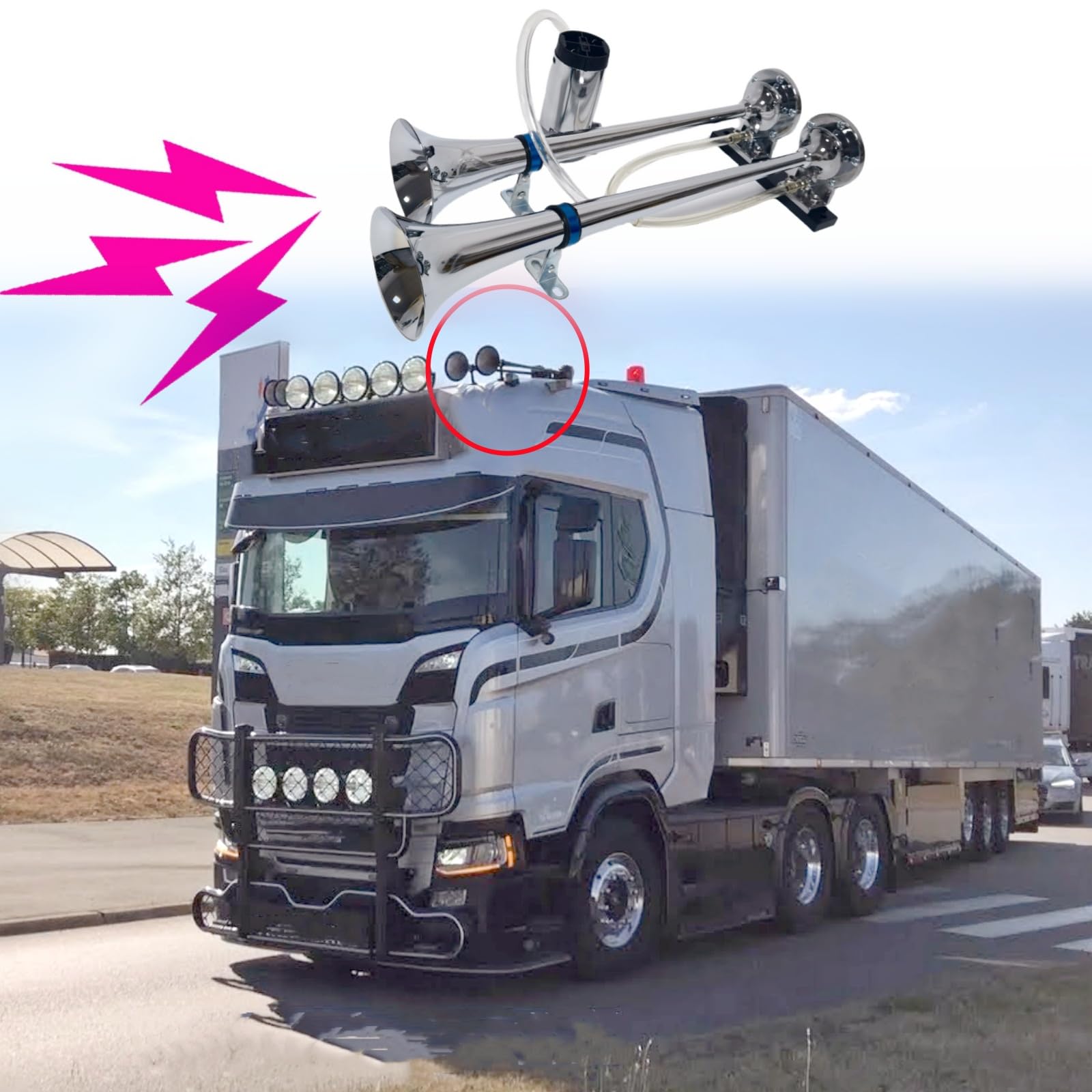 Lufthupe LKW Horn Autohupe Lautsprecher 12V Chrom Zink Elektrisches Horn Car Air Horn Trompete Silber High und Low Ton Doppelrohr mit Luftpumpe Car Horn für 12V Auto LKW Moto Yacht etc