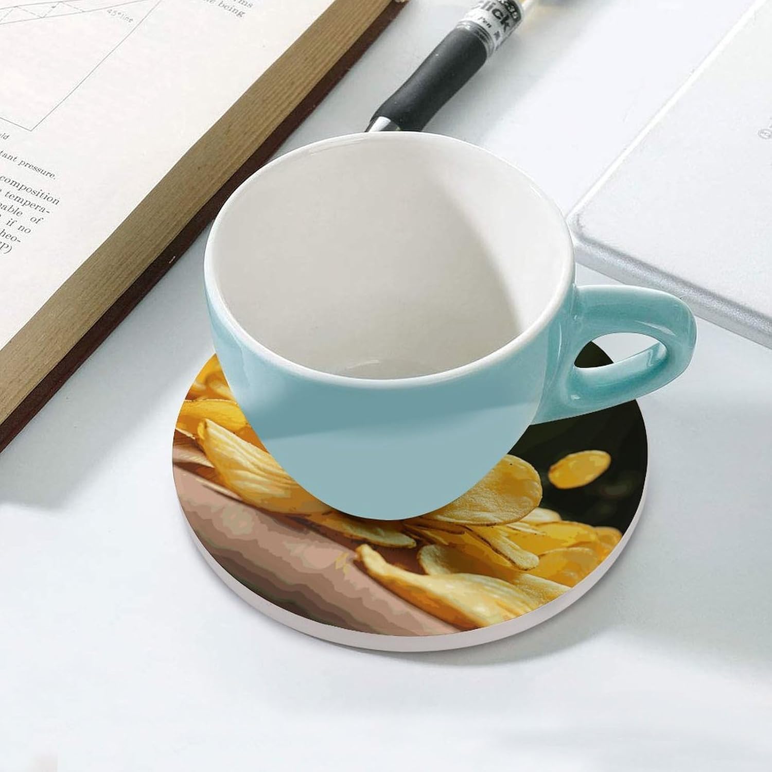 Potato Chips Coaster with Cork Base Drink Coasters for Coffee Table Decor Modern Cup Coasters with Non-Slip & Heat-Resistant Cute Ceramic Table Coaster for Home Dining
