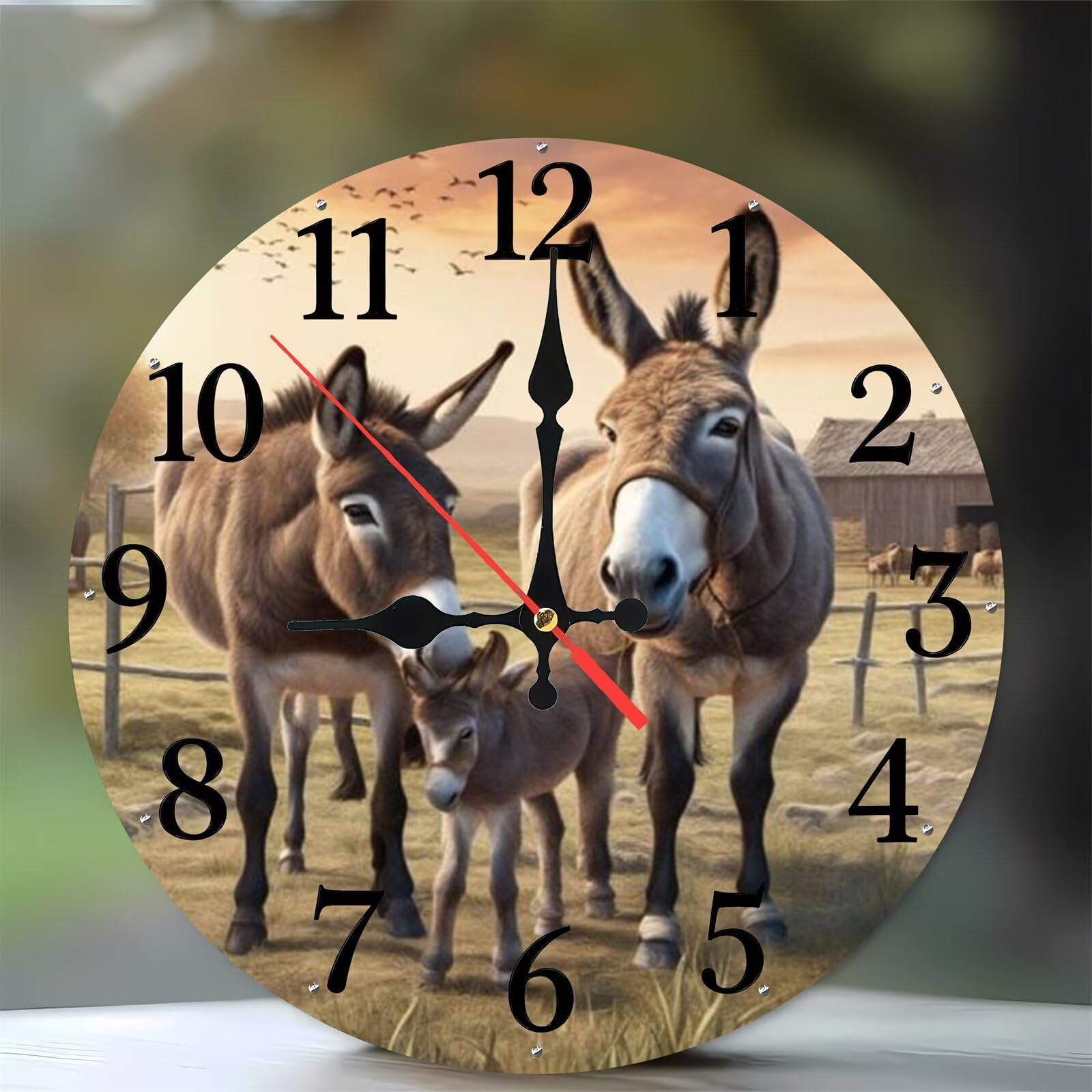 Horloge murale de 35 cm motif ânes de ferme pendule bois silencieuse salon