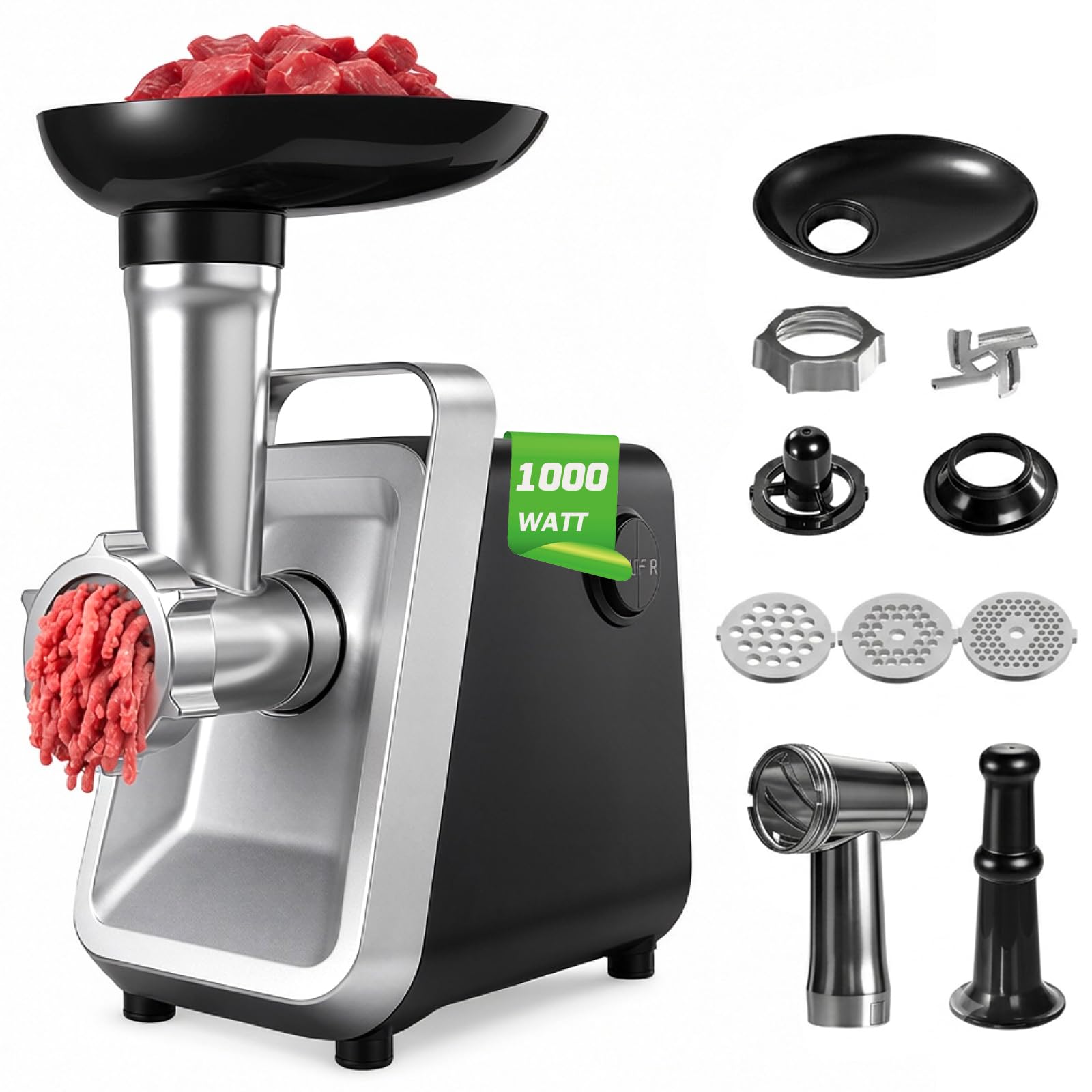 Picadora de Carne Eléctrica, 1000W máx Molino de Carne de Acero Inoxidable con 3 Discos Perforados, Embutidora, Fabricante de Kubbe y Kit de Albóndigas, Negro