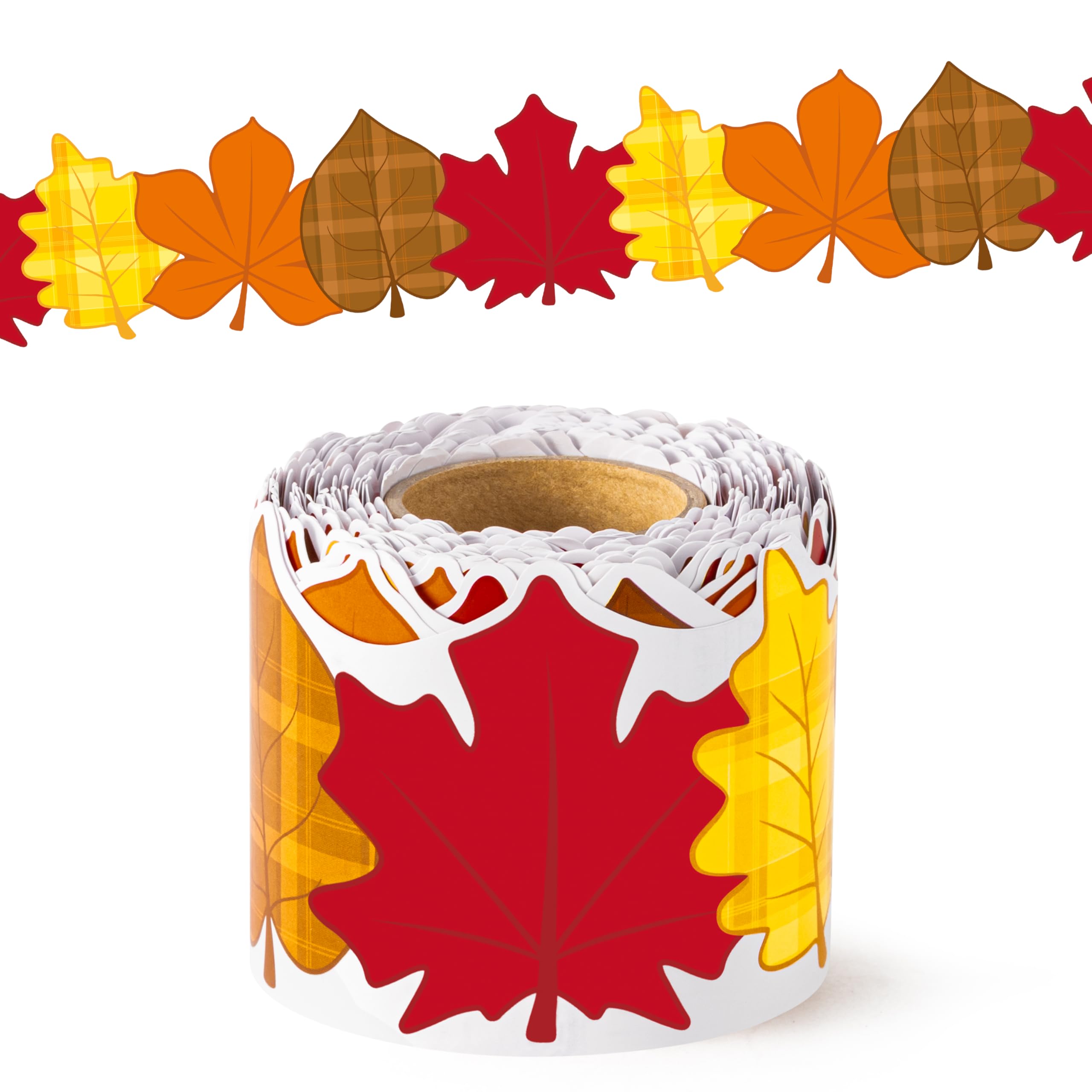 BeYumi Fall Leaves Border Trim - 65ft Fall Plaid Maple Leaves Shape Rolled Border Trim Autumn Thanksgiving Bulletin Board Set Harvest Party Decor School Classroom Office Chalkboard Door Decoration