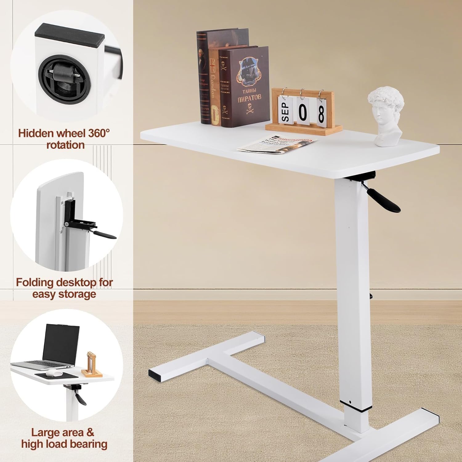 Adjustable Overbed Bedside Table with Hidden Casters, 27"-38" Pneumatic Mobile Laptop Computer Standing Desk, Medical Foldable Cart Movable Rolling Table for Hospital Home(32" W x 16" D, White)