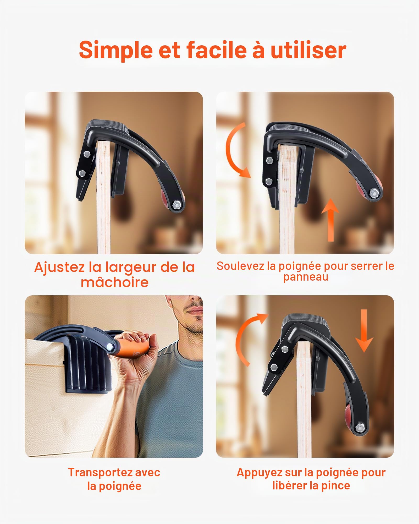 VEVOR Pince Porte Panneau, Capacité Simple 90,7 kg, Porte Plaque de Plâtre 25,4 mm, 2 PCS Pinces Transport Réglables avec Poignée Antidérapante pour Panneaux Plastique, Contreplaqué, Cloisons Sèches