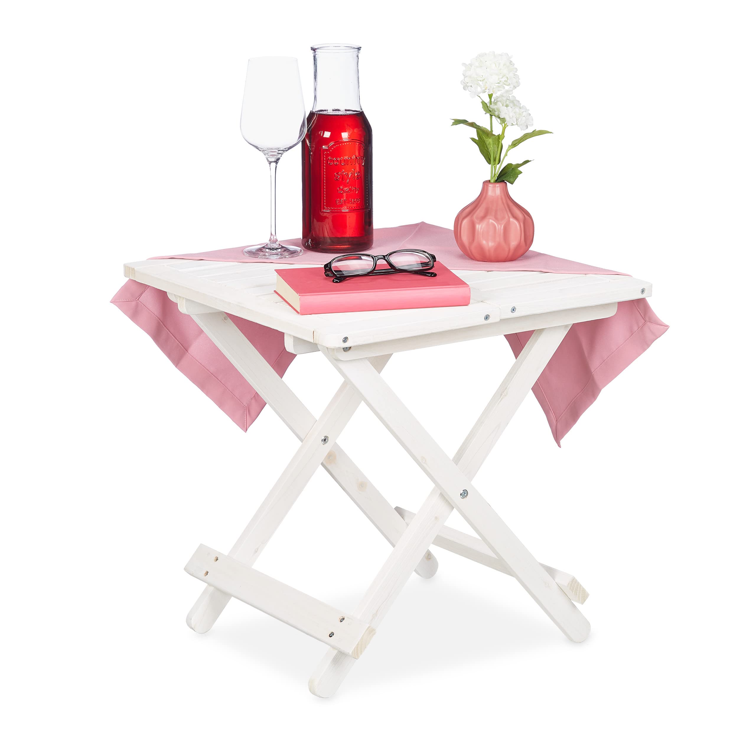Relaxdays Mesa Plegable Madera, Mesita Auxiliar, Salón, Balcón o Terraza, Portátil, Estable, 50 x 50 x 50 cm, Blanca