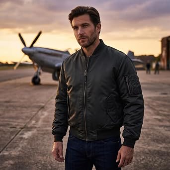 MA1 Bomber Jacket Mens Reversible Pilot Flight Coat Padded Military Air Force Lightweight Retro Biker Outerwear Brass Zip Utility Sleeve Pocket Orange Lining