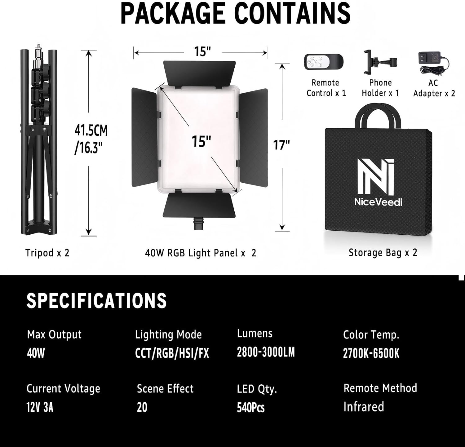 NiceVeedi 2-Pack RGB Photography Lighting with 20 Effects, 40W/360° Full Color/2700-6500K Studio Lights with Remote & Display, Video Light for Video Recording/Photography/Streaming/YouTube/TikTok 9 71z3rnsONuL. AC SL1500