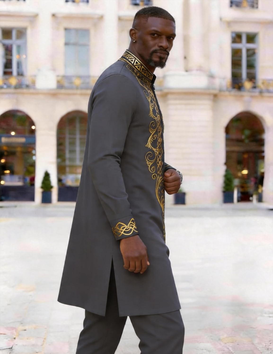 Mens African 2 Piece Set Half Zipper Nigerian Dashiki Metallic Shirt and Pants Outfit Gold Stamp Long Traditional Suit