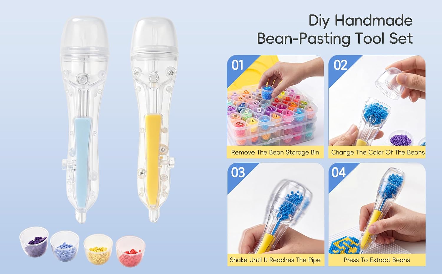2 Pack 2.6mm Fuse Bead Pen with 4 Swappable Lidded Compartments, Precision Bead Placement Tool, Comfortable Grip for DIY Crafts (Blue& Yellow)