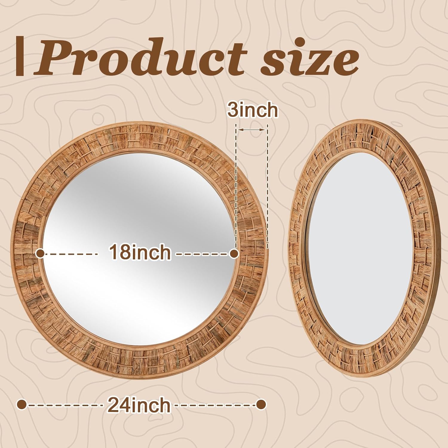 24 Inch Round Rattan Wicker Mirror, Rustic Boho & Farmhouse Style Handmade Woven Frame, Decorative Wall Mirror for Bathroom, Living Room, Bedroom, Entryway, Nursery Decor