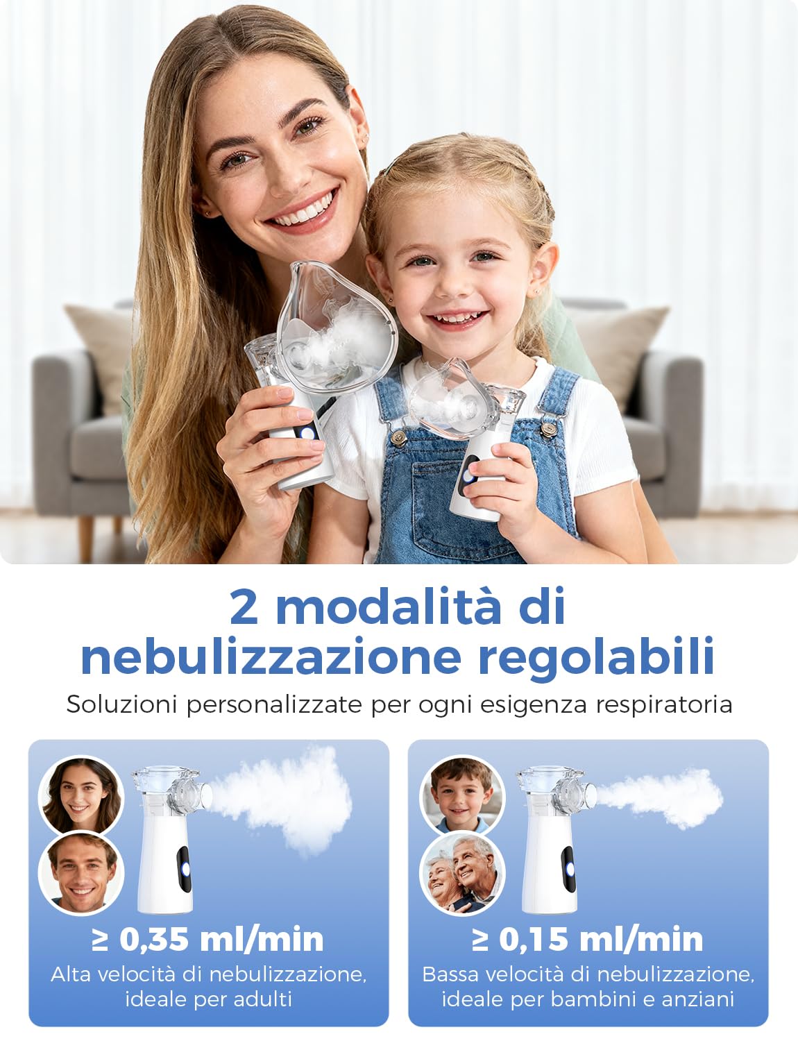 YOHOOLYO Aerosol Portatile Silenzioso Nebulizzatore 26dB, 2 Modalità, Ricarica USB-C con Autopulizia, Include 2 Maschere e Boccaglio per Adulti e Bambini, Leggero, per Viaggi e Uso Domestico