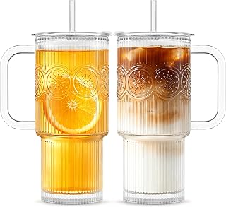 INSETLAN 24 oz Ribbed & Floral Glass Tumblers with Handle, Set of 2 Cups | Iced Coffee Cups with Lids and Straws, Reusable Glass Mugs for Water, Smoothie, Tea, and Juice – Ideal for Daily Use & Travel