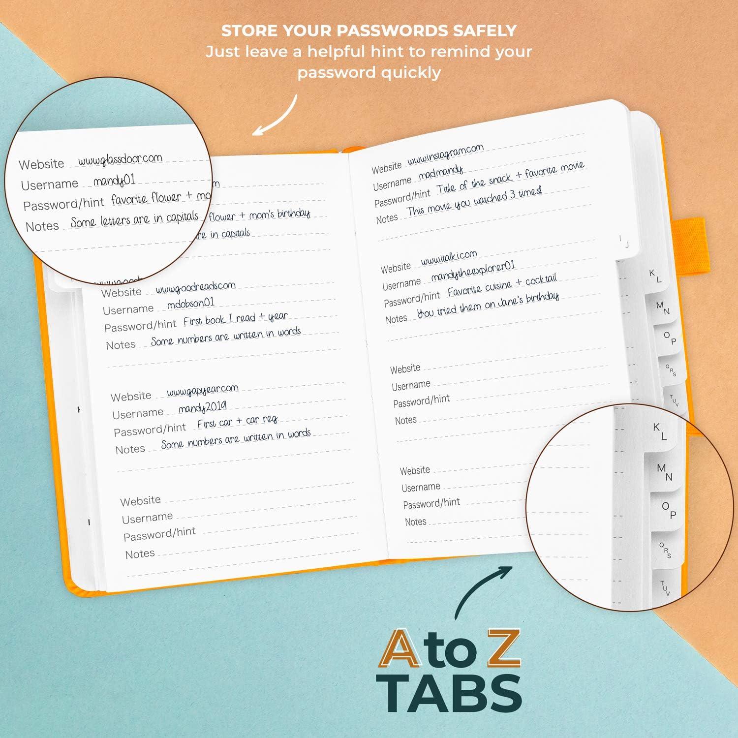 Clever Fox Password Book with alphabetical tabs. Internet Address Organizer Logbook. Small Pocket Password Keeper for Website Logins (Yellow) - Image 4