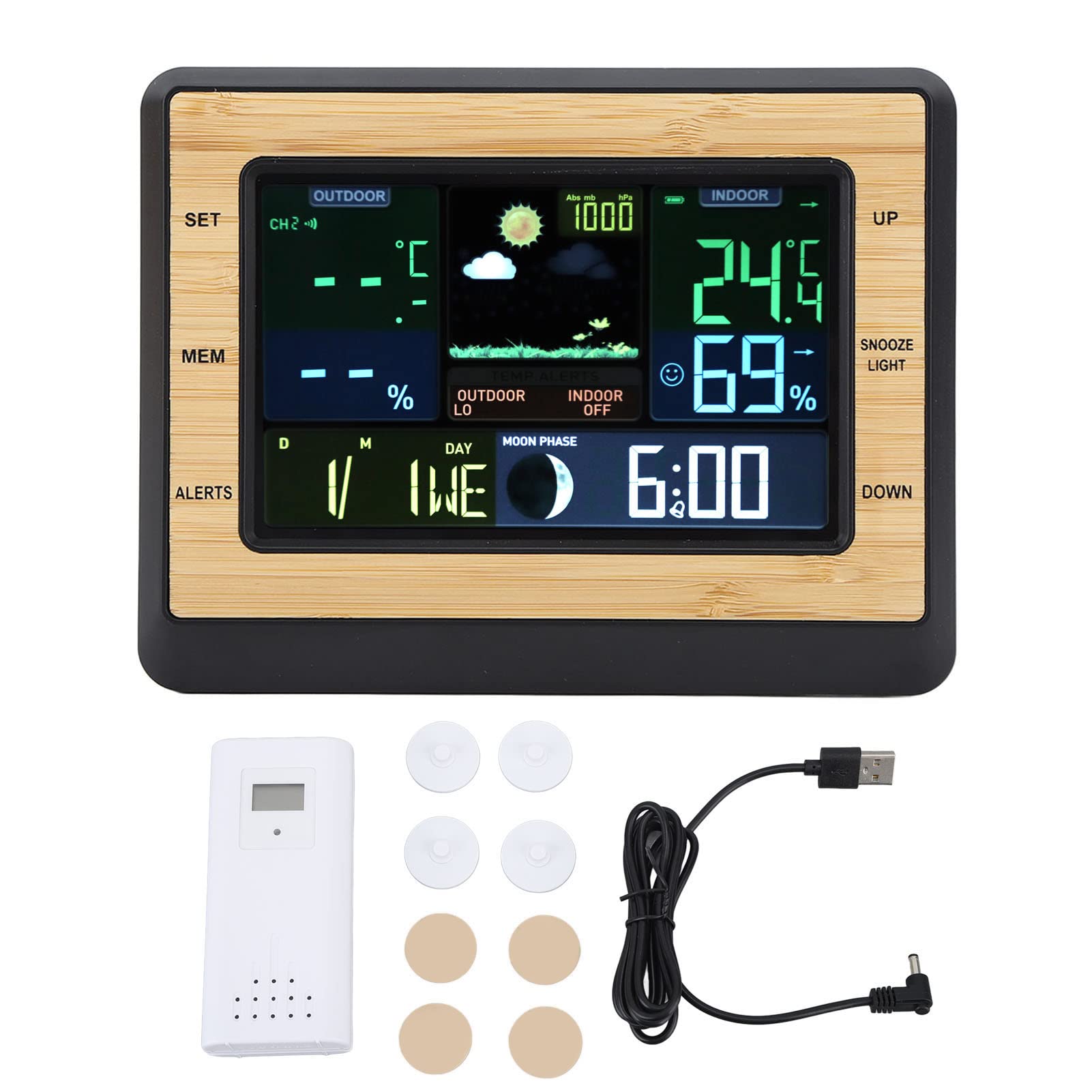 Termometro wireless per interni ed esterni con stazione meteorologica, monitor digitale per umidità e temperatura con display a colori con previsioni, barometro, fasi lunari e