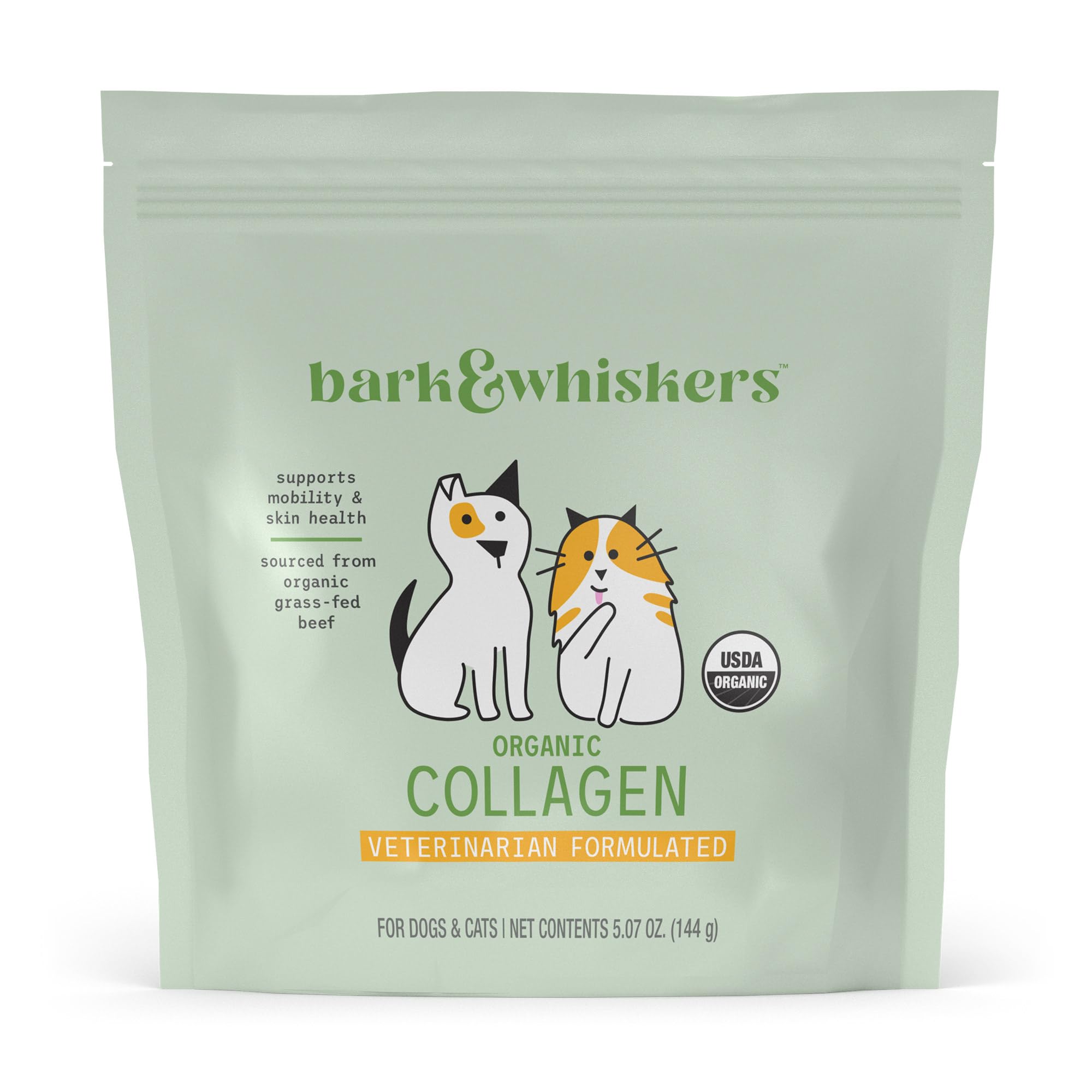 Bark & Whiskers Organic Collagen for Dogs & Cats, 5.07 oz. (144 g), Organic Grass-Fed Beef, Supports Mobility & Skin Health, Veterinarian Formulated, Non-GMO, Certified USDA Organic, Dr. Mercola
