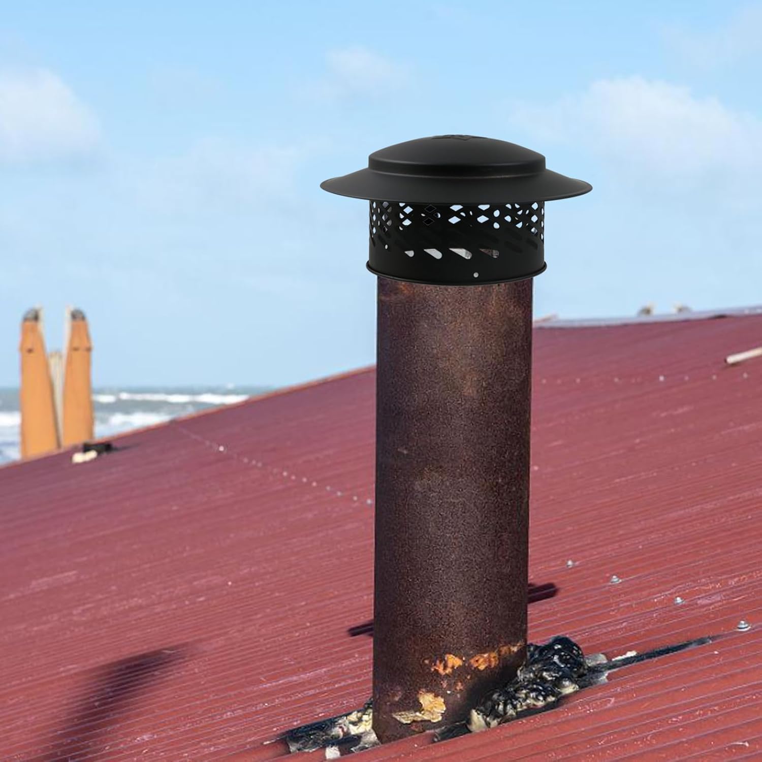 Chimney Cap 6 Inch Black Chimney Cover 304 Stainless Steel Flue Hole Cover Roof Vent Cap Stove Pipe Chimney Caps for Outside