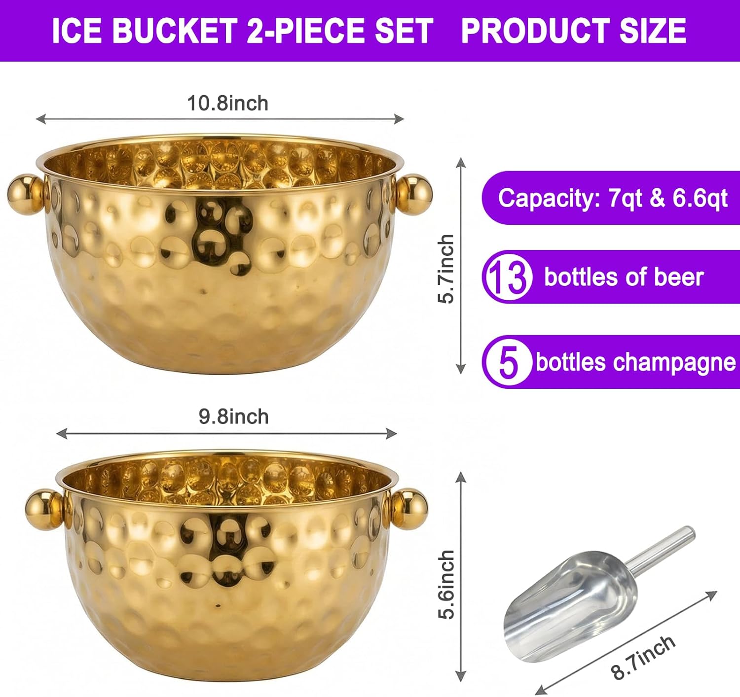 Large gold champagne ice bucket 2 Pack,hammered ice buckets for parties, Stainless Steel ice bowl with Scoop,Beer &wine ice bucket,beverage tub,drink cooler for parties
