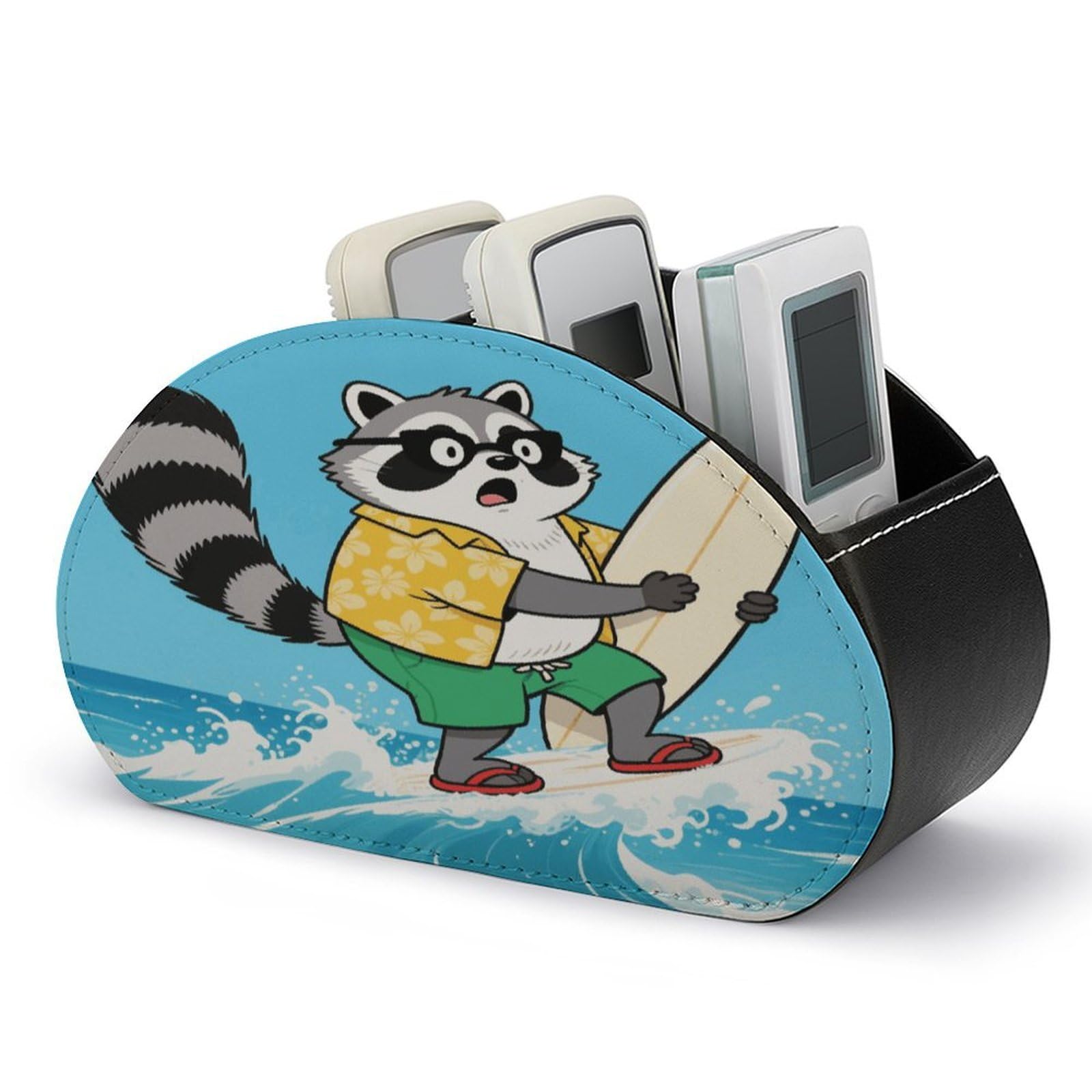 VstaDank - Funny Raccoon Remote Control Holder PU Leather Multifunctional Office Organizer Brush Holder Desktop Storage with 5 Compartments Box