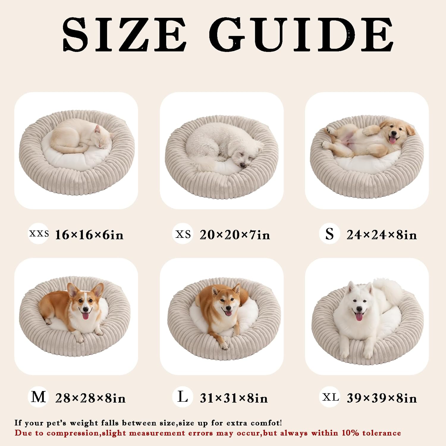 Short Plush Dog Bed Donut, Ultra-Soft & Machine Washable Dog Beds, Durable Round Calming Pet Bed for Cats and Small, Medium, Large Dogs (Beige, XX-Small)