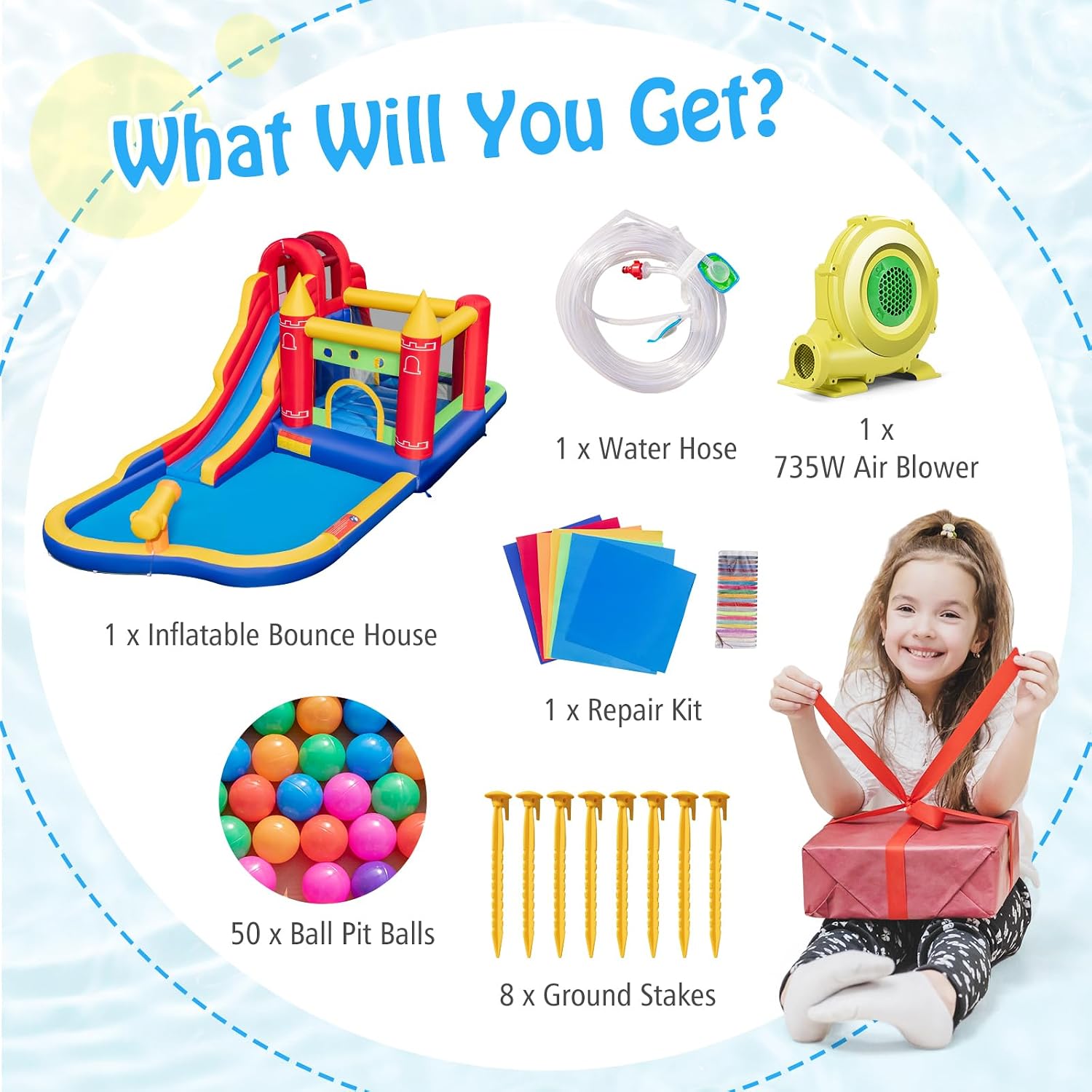 HONEY JOY Inflatable Water Slide, 9 in 1 Waterslide Bounce House Water Park w/Splash Pool, Long Slide, Ball Pit with 50 Balls, Water Slides Inflatables for Kids and Adults Backyard(with 735w Blower)
